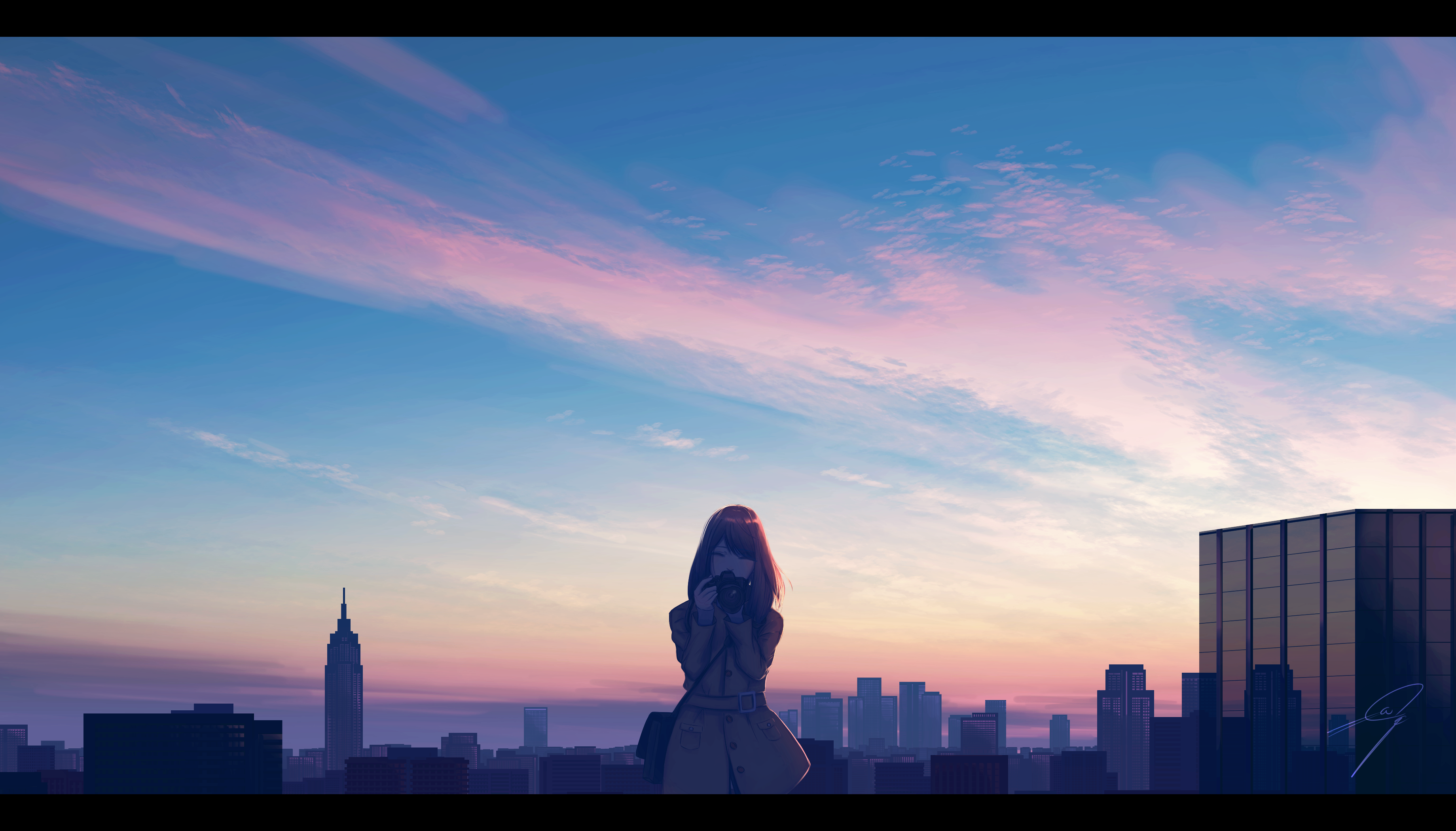 Girl with camera on New York City skyline at sunset HD Wallpaper