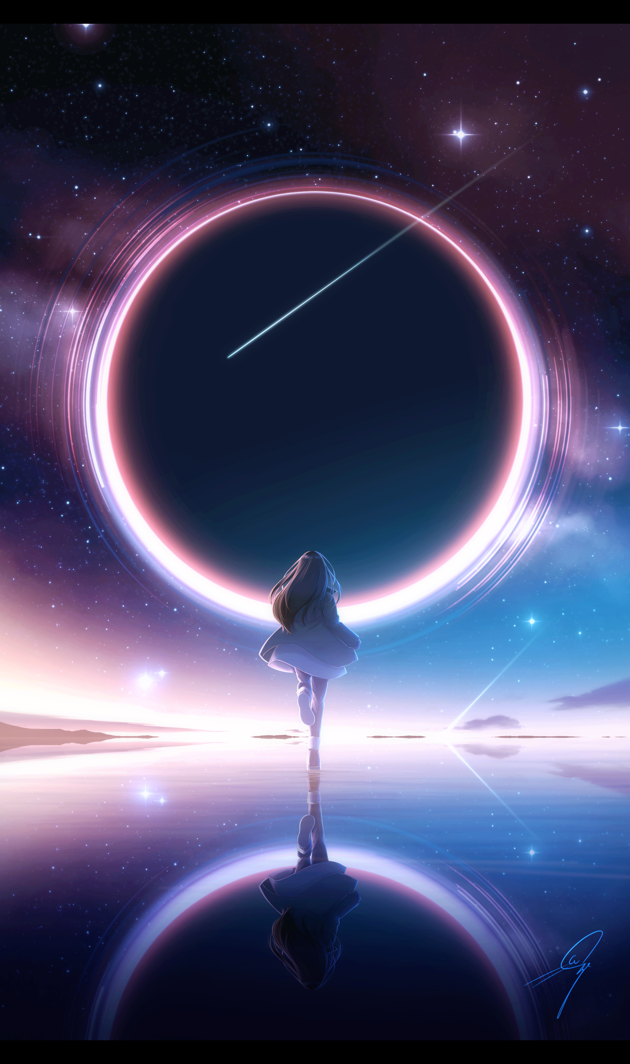 Girl running towards a black hole with shooting stars HD Phone Wallpaper