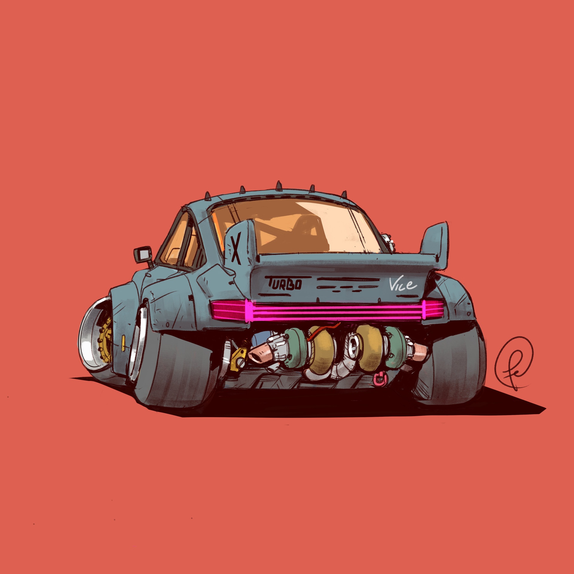 Modified car with twin turbos and "Turbo Vice" text HD Wallpaper