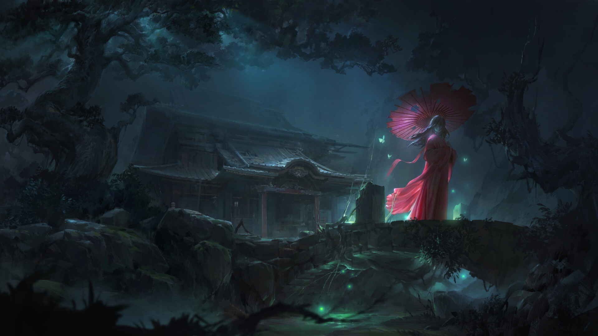 Woman with umbrella near a spooky temple in a forest HD Wallpaper