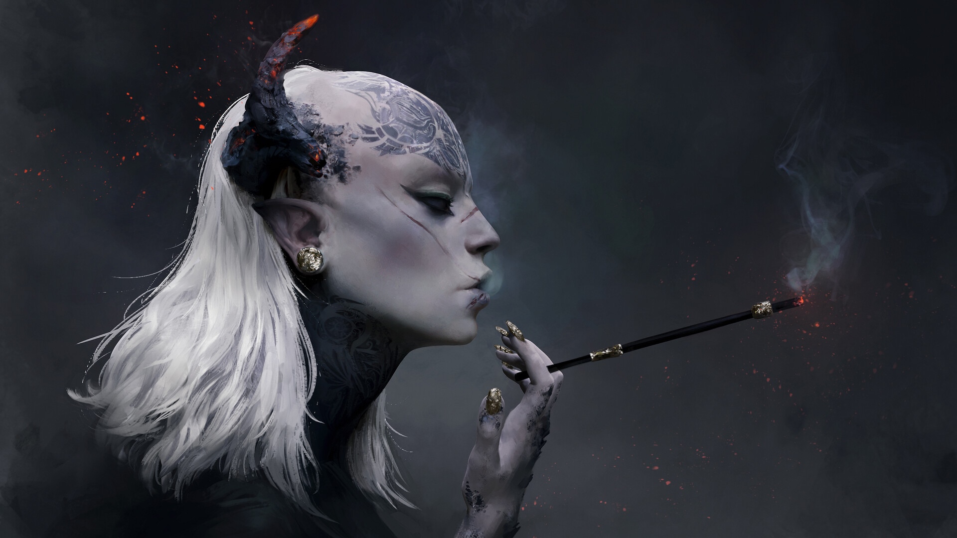 Fantasy girl with horns smoking a cigarette HD Wallpaper