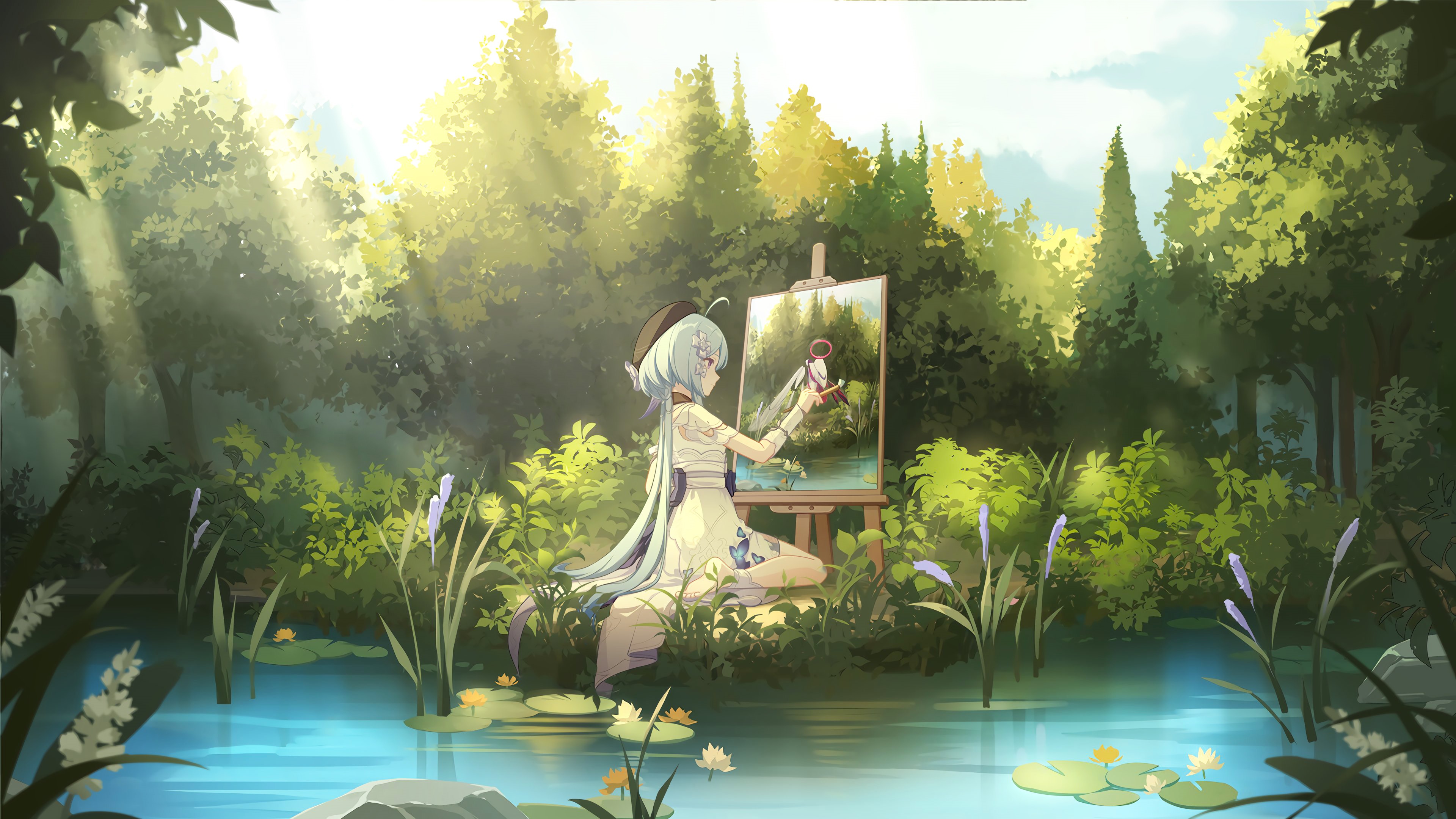 4K Griseo painting in a forest by a pond HD Wallpaper