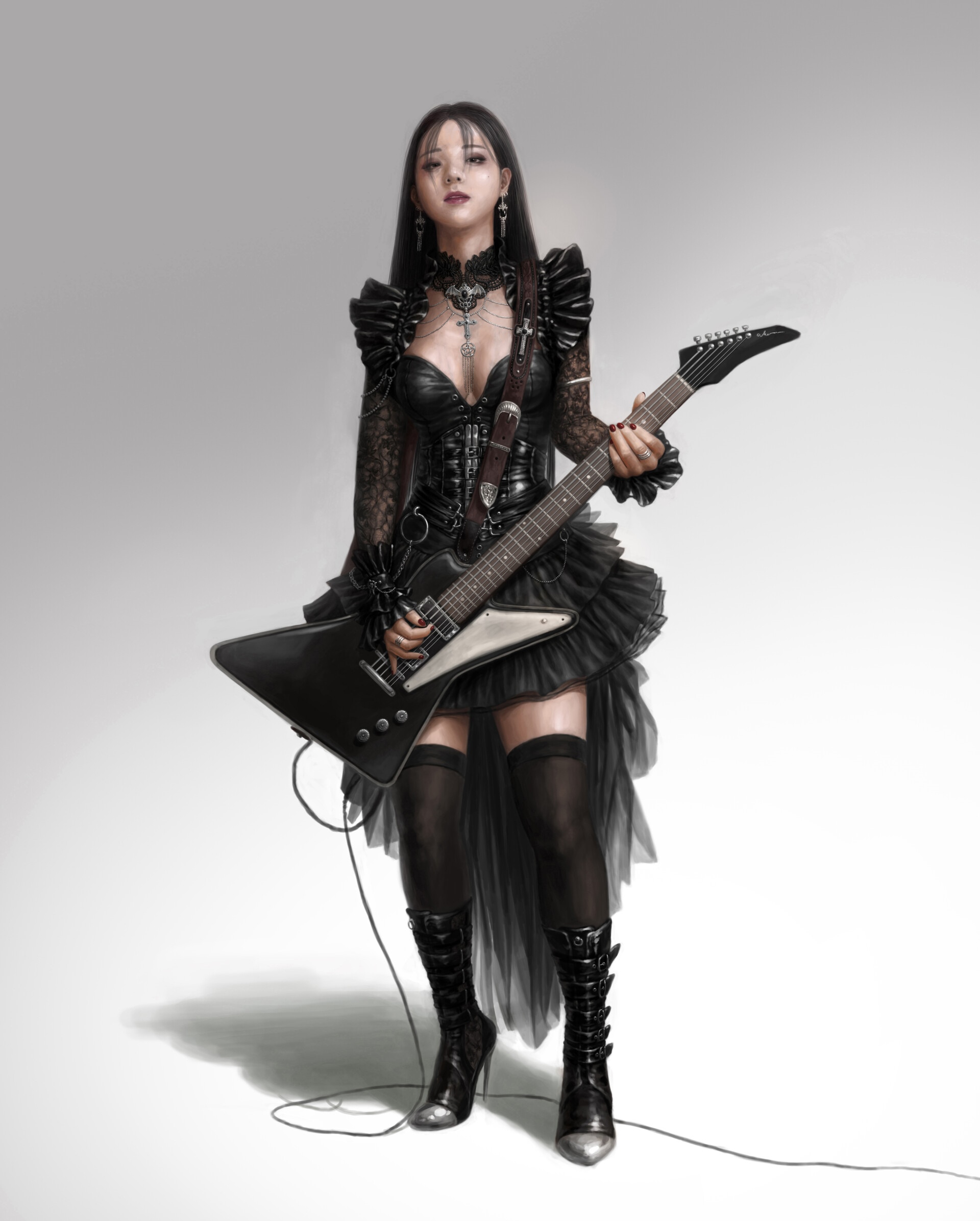 Goth woman with black electric guitar HD Phone Wallpaper
