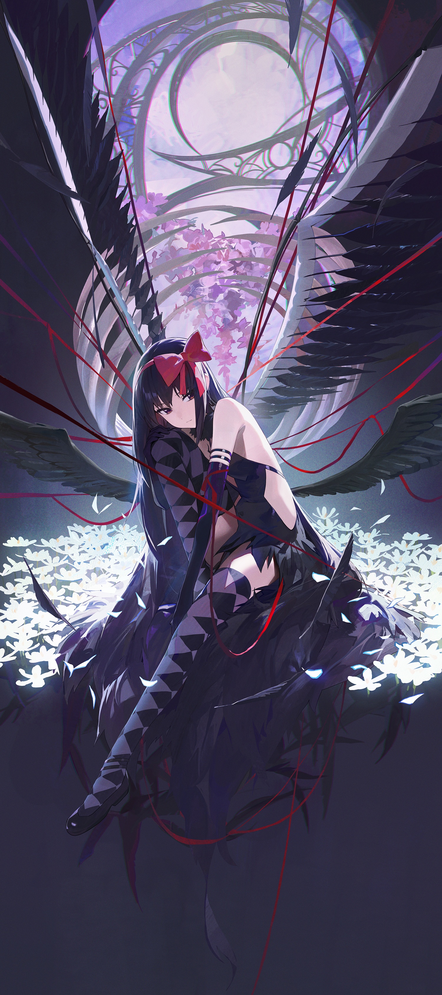 Homura Akemi with black wings and red ribbons HD Phone Wallpaper