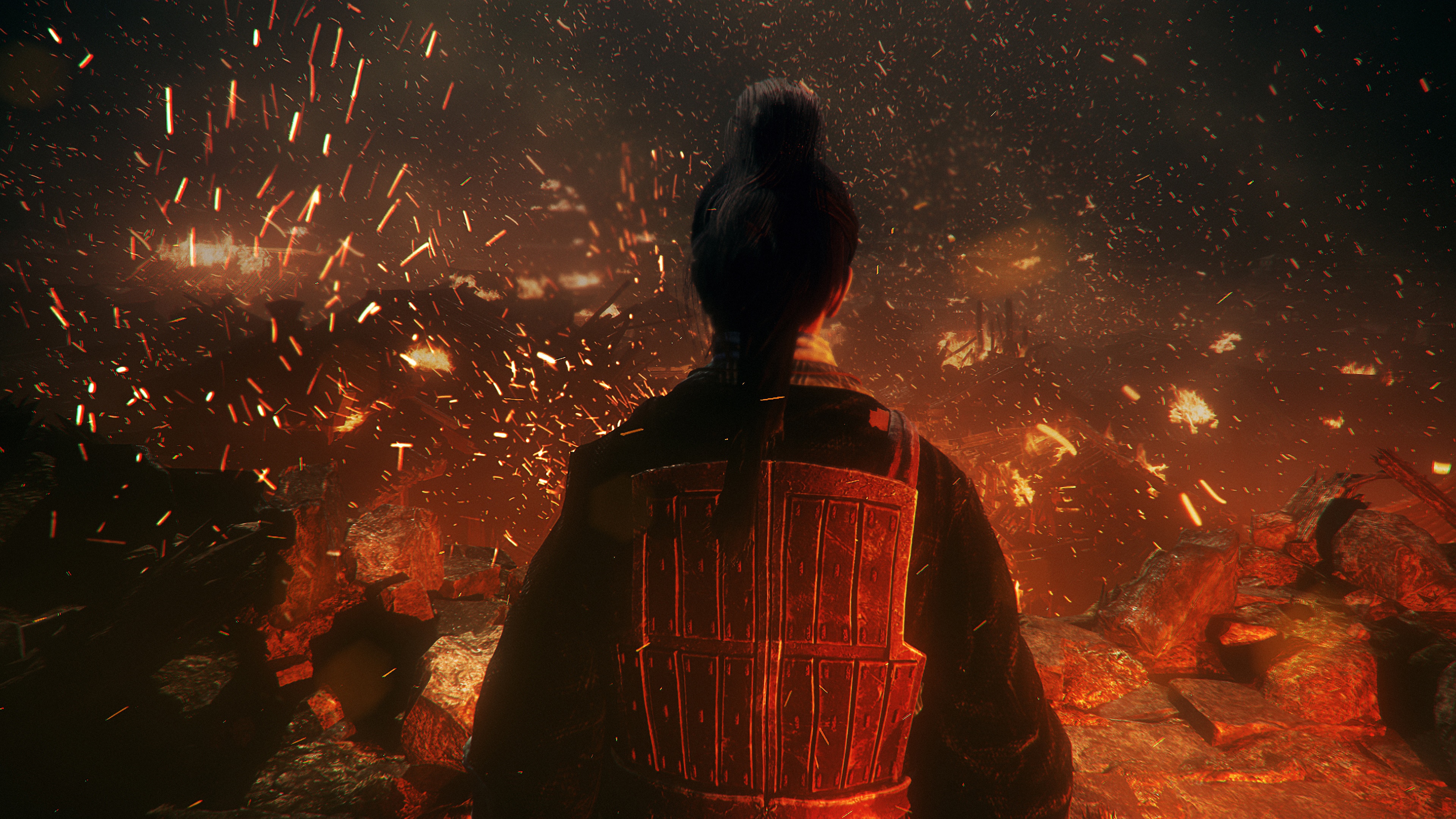 4K Wo Long: Fallen Dynasty Character in Fiery Landscape HD Wallpaper