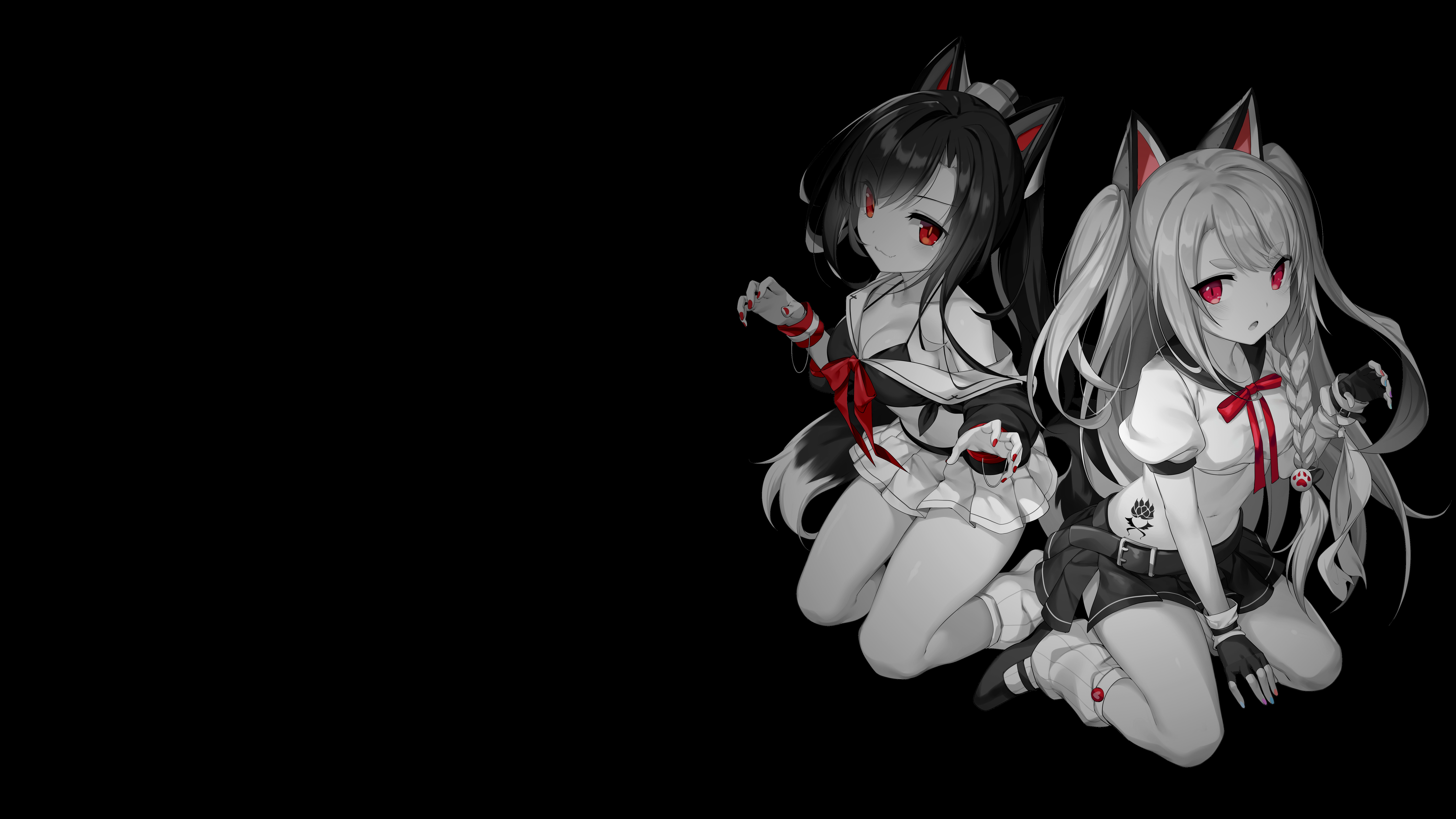 4K Cat Girls with Red Eyes and Ears HD Wallpaper