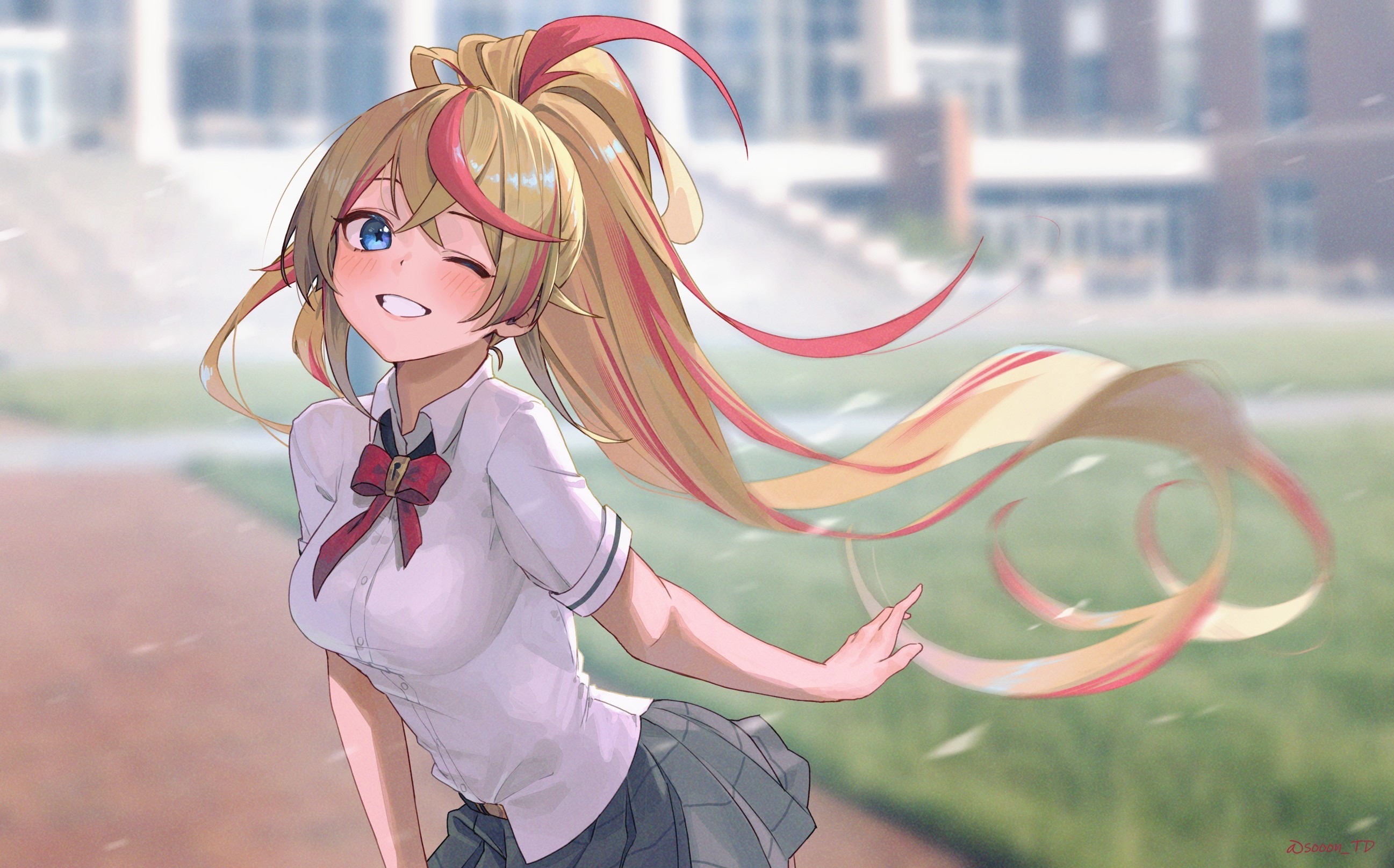 Anime schoolgirl with blonde and pink hair winks HD Wallpaper
