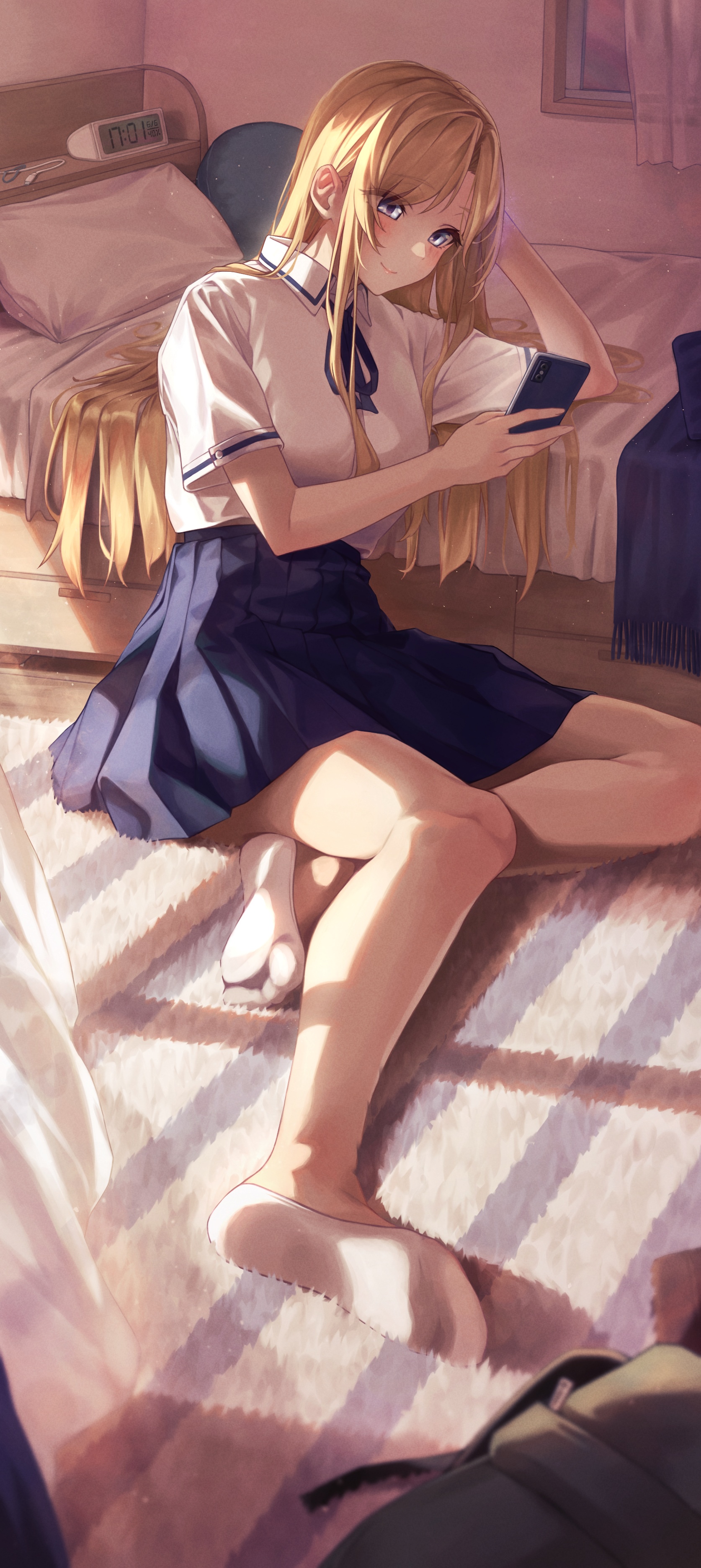 Schoolgirl in uniform with blonde hair using a smartphone HD Phone Wallpaper