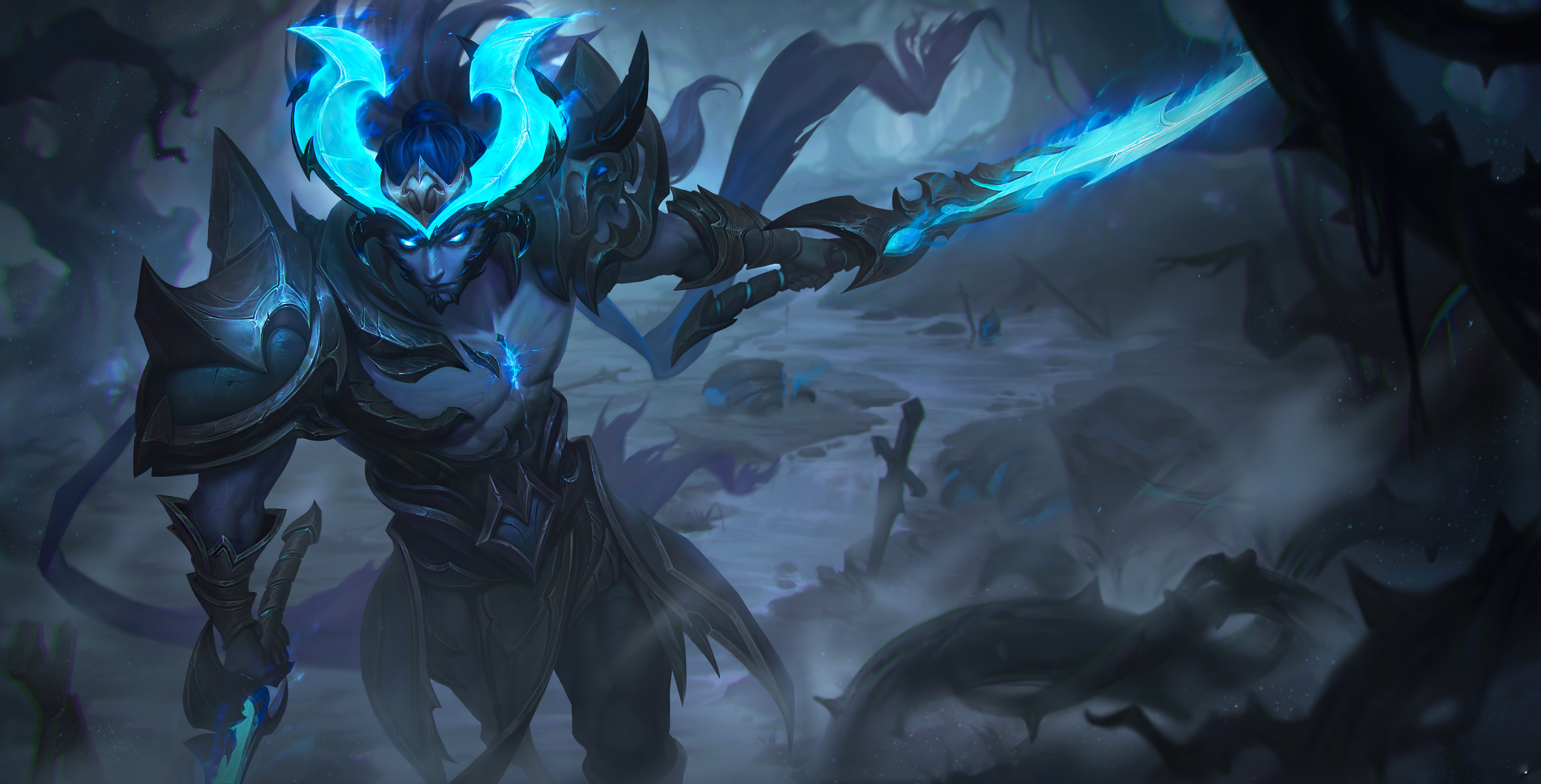 4K Honor of Kings character with blue horns and sword HD Wallpaper