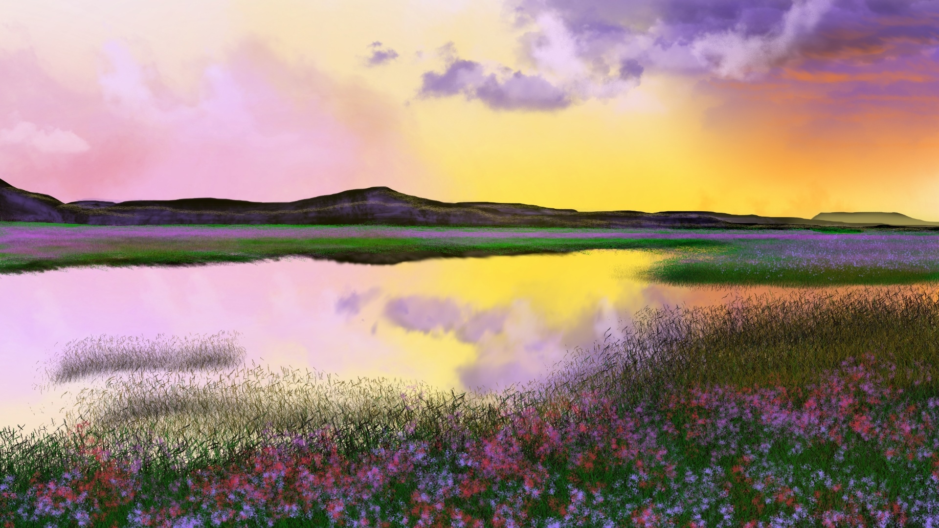 Digital painting of a colorful marsh landscape at sunset HD Wallpaper