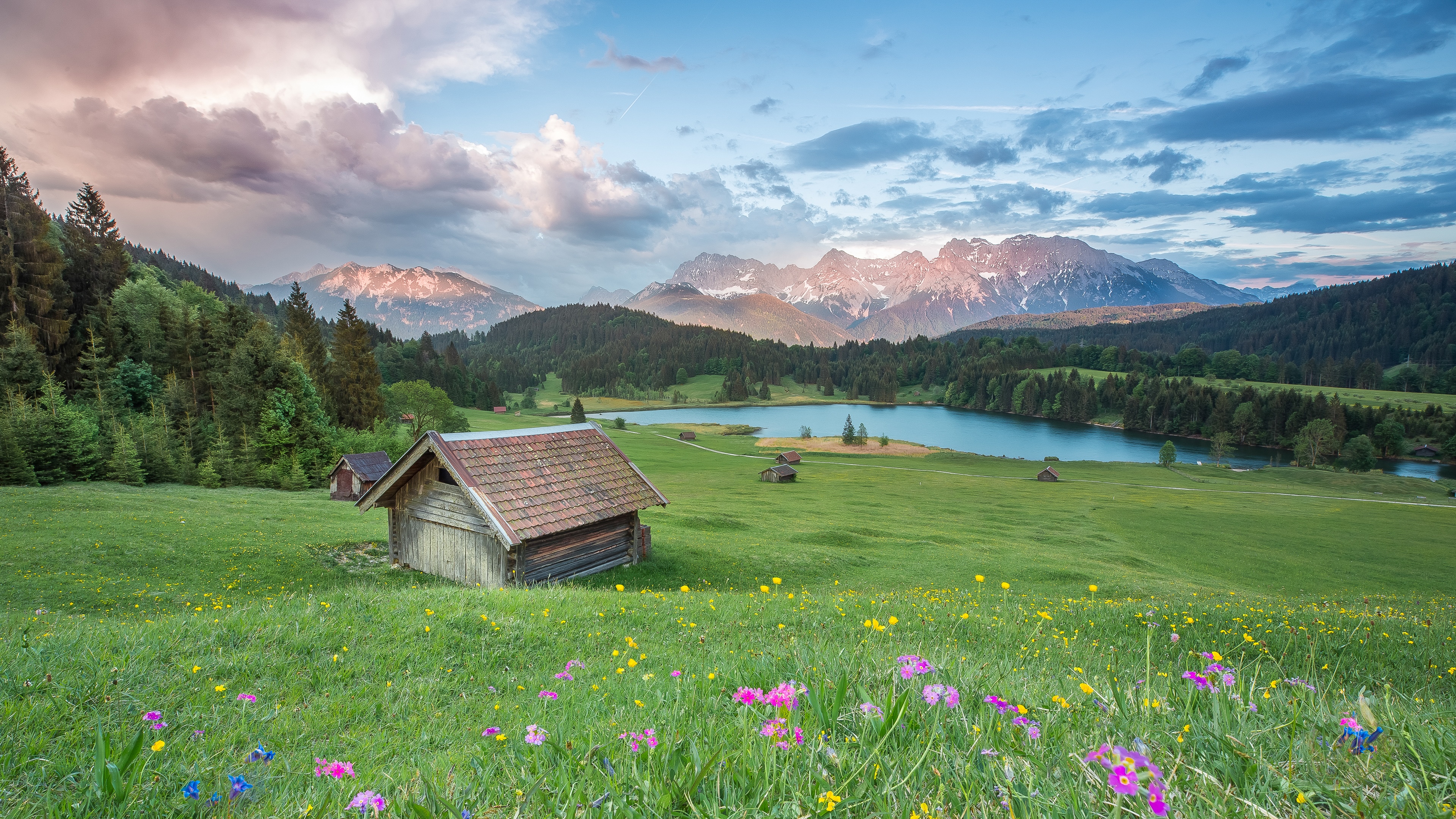 4K mountains, flowers, grass, field, lake, cabin HD Wallpaper