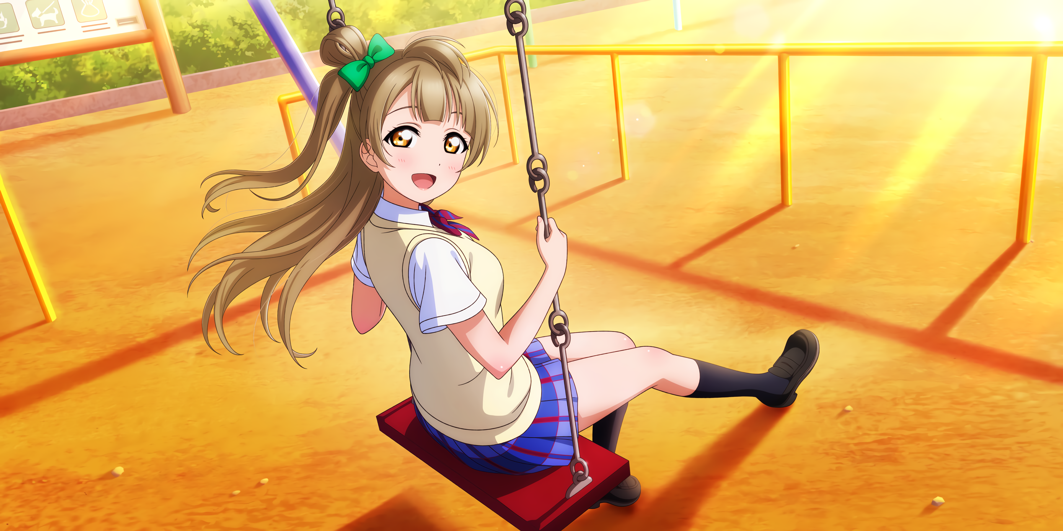 Minami Kotori on a swing set in a park HD Wallpaper