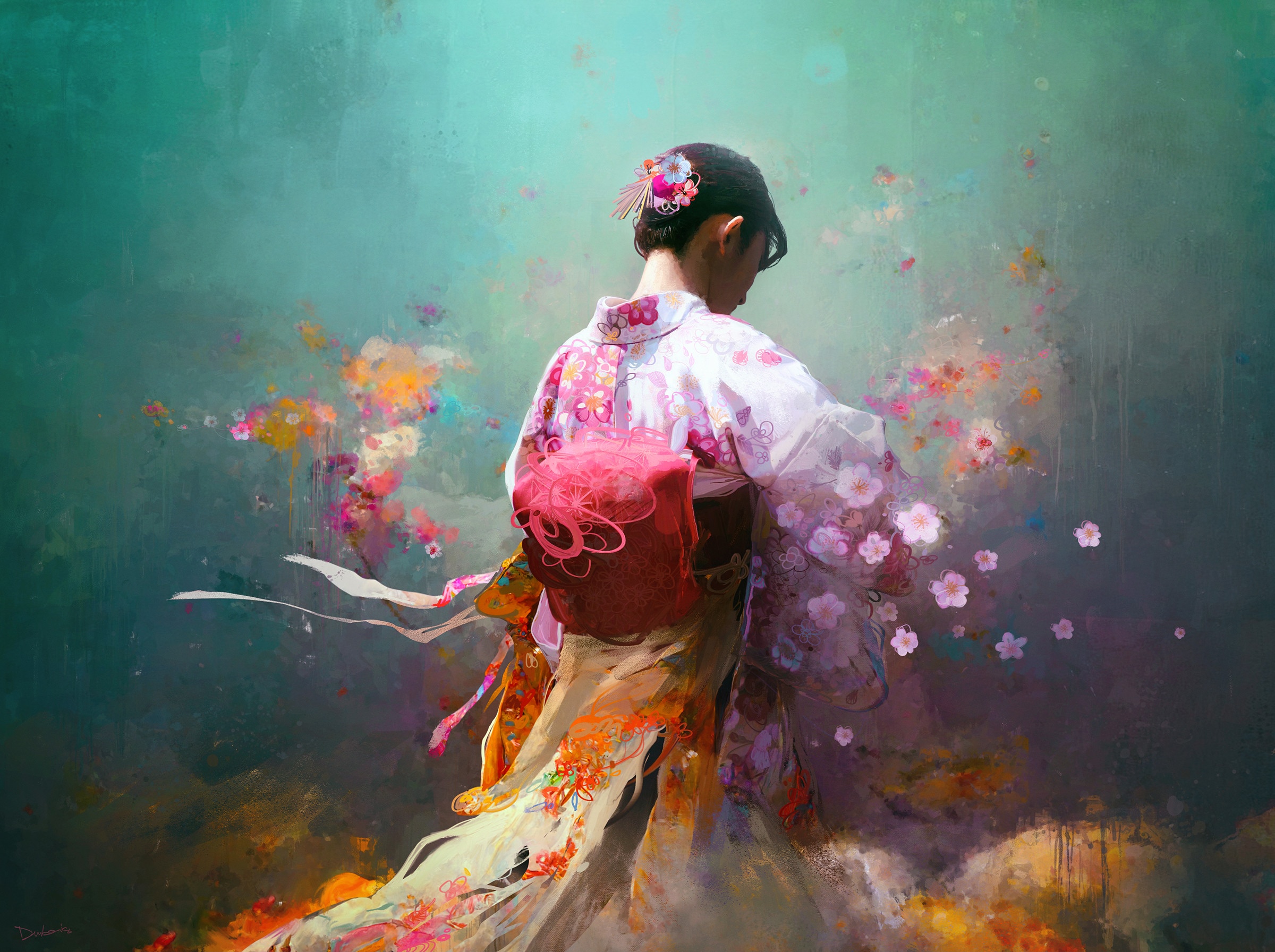 Digital painting of a woman in a kimono with flowers by Thomas Dubois HD Wallpaper