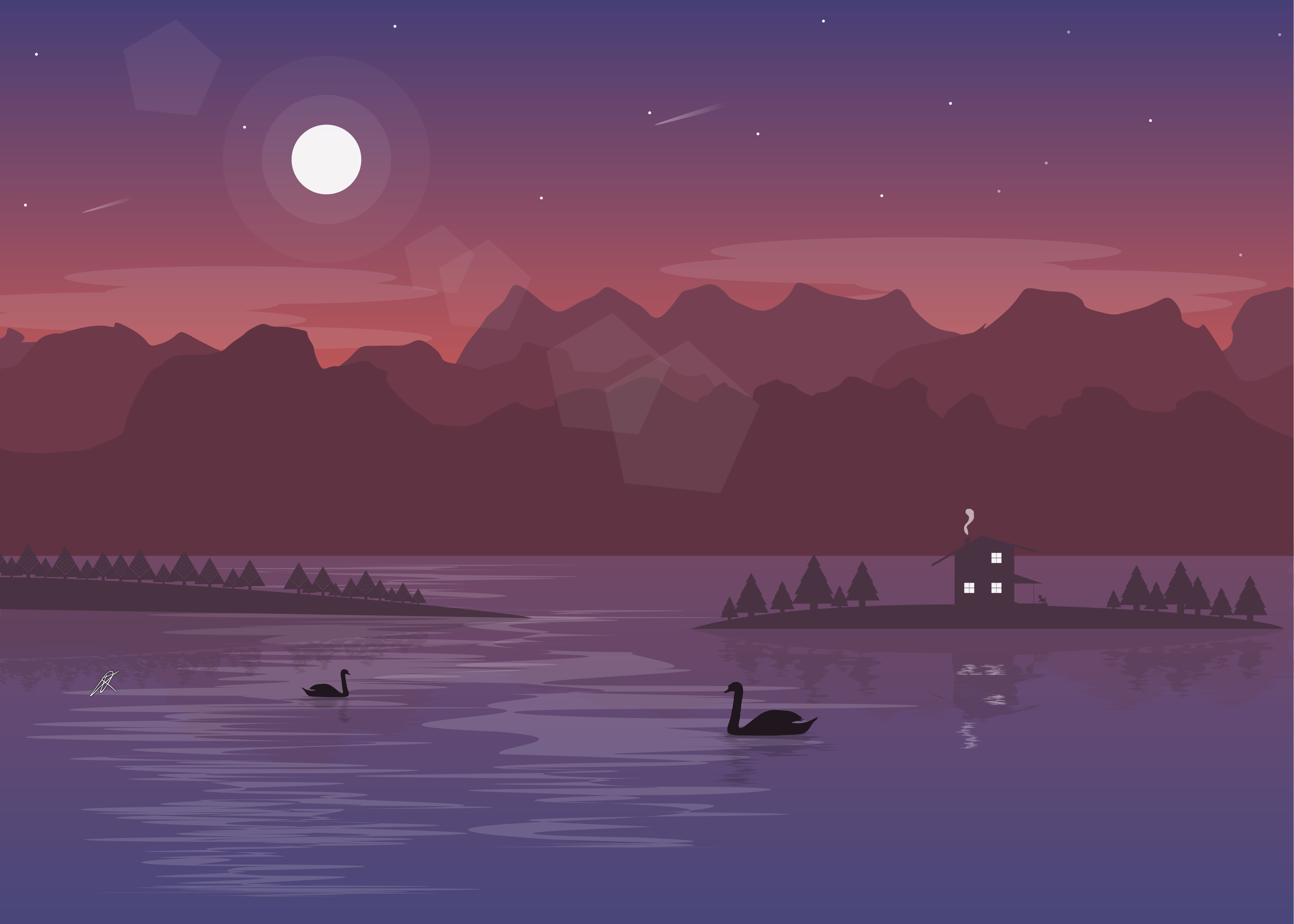 4K vector landscape with mountains and swans HD Wallpaper