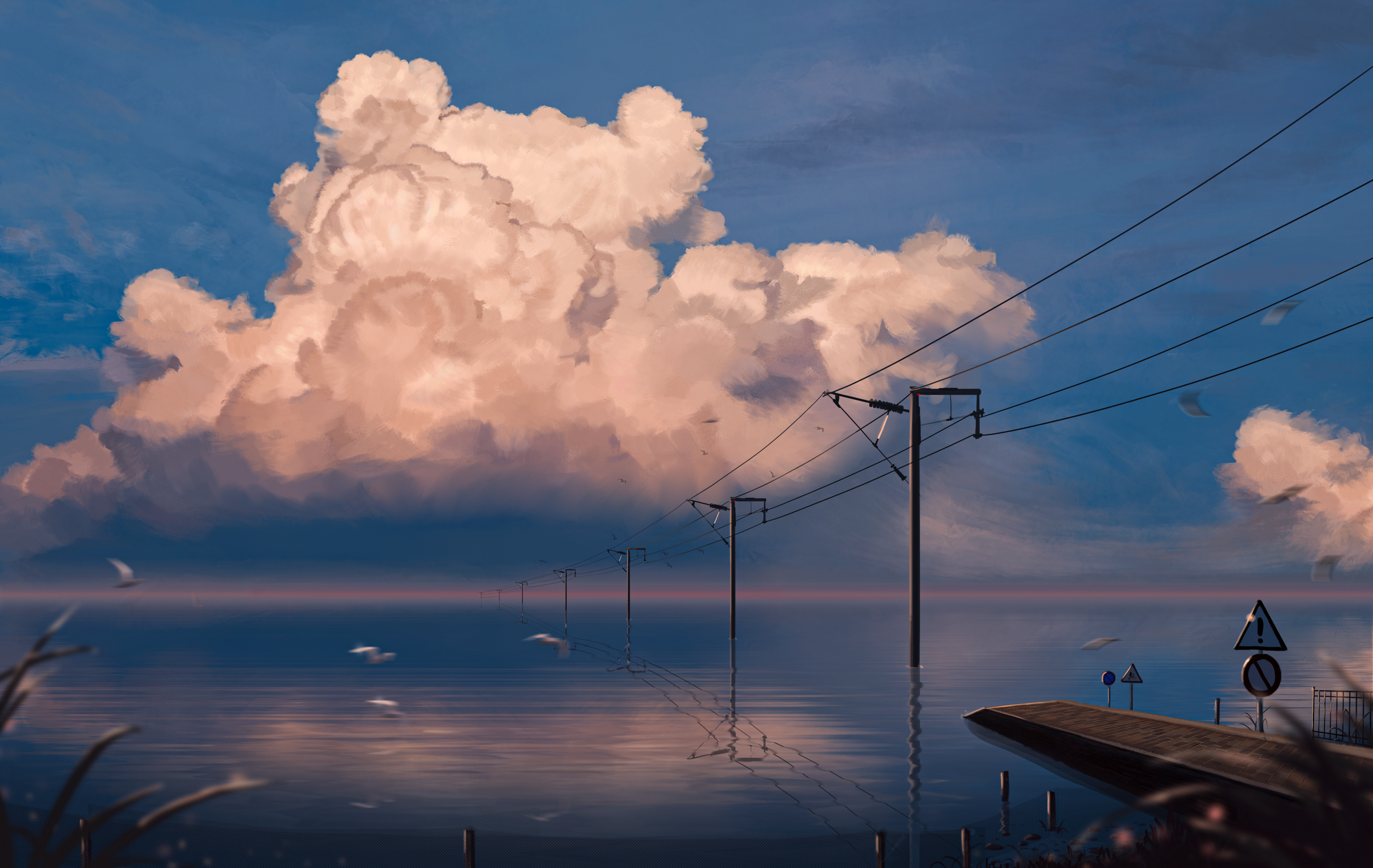4K clouds over water with power lines and signs HD Wallpaper