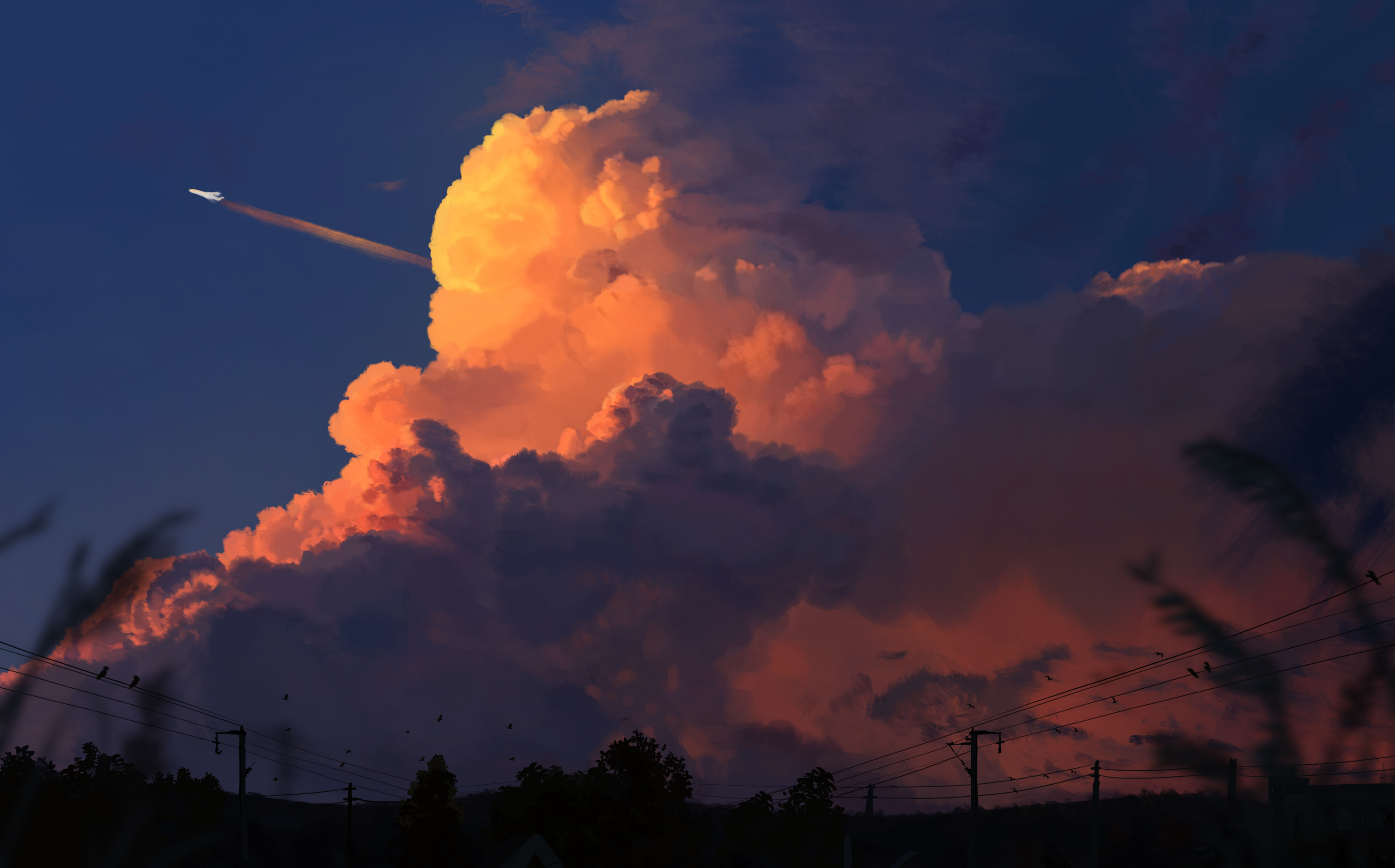 Aircraft flying past sunset clouds over a dark landscape HD Wallpaper