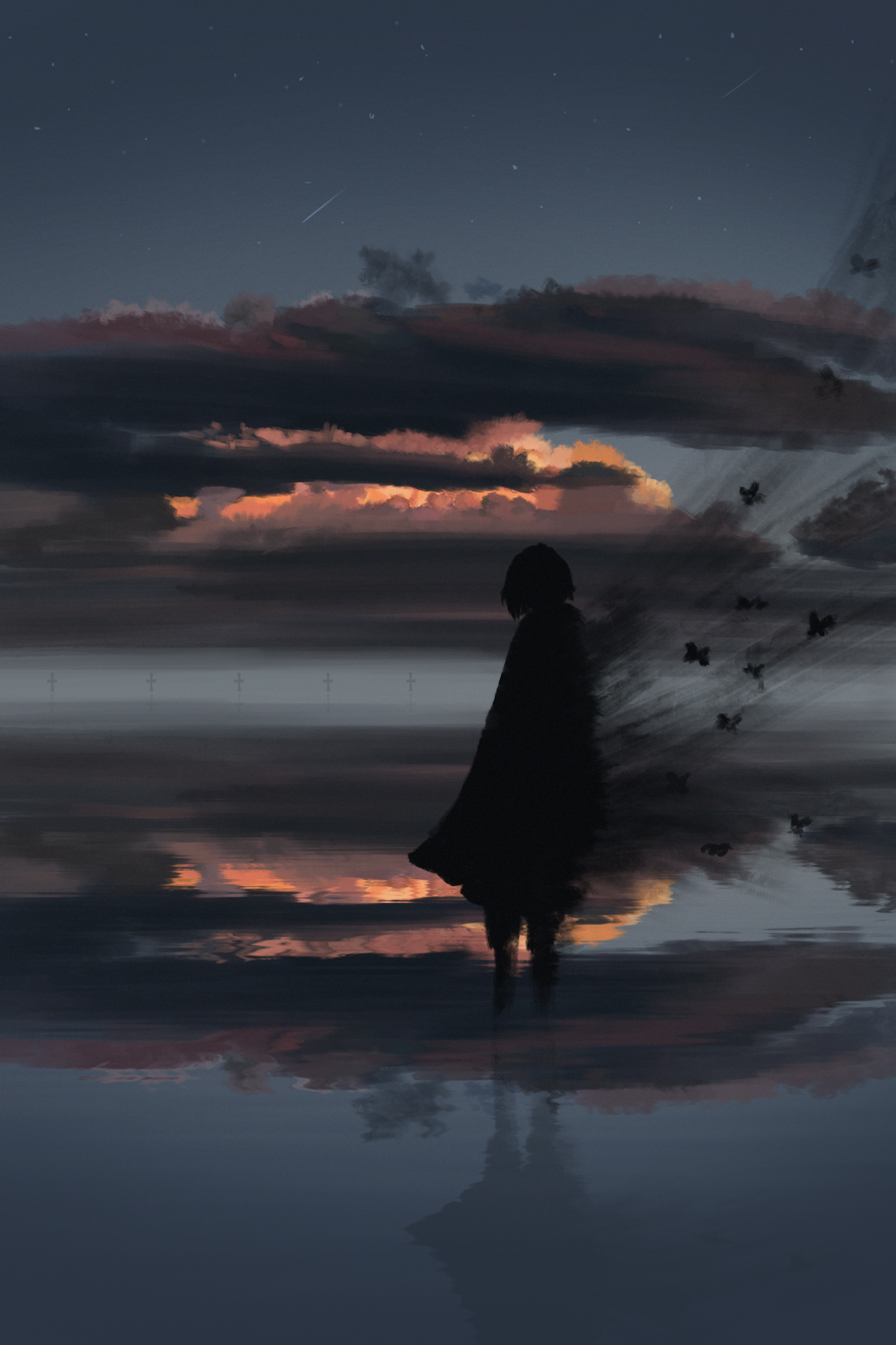 Silhouette of a woman by the water at sunset HD Phone Wallpaper