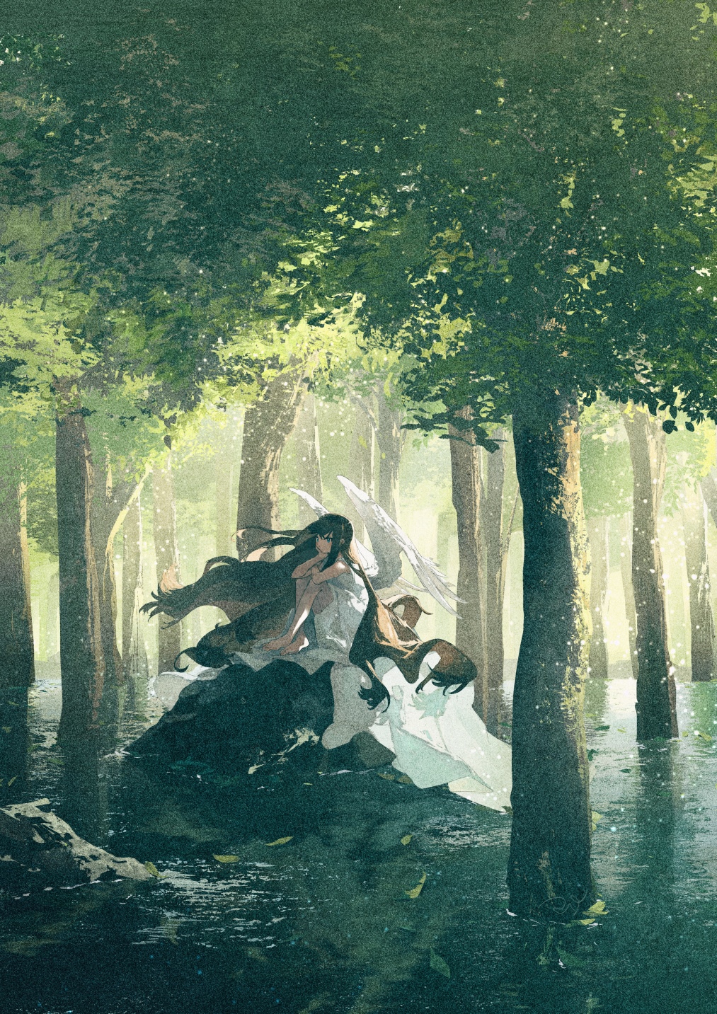 Angel with wings sitting in a flooded forest HD Phone Wallpaper