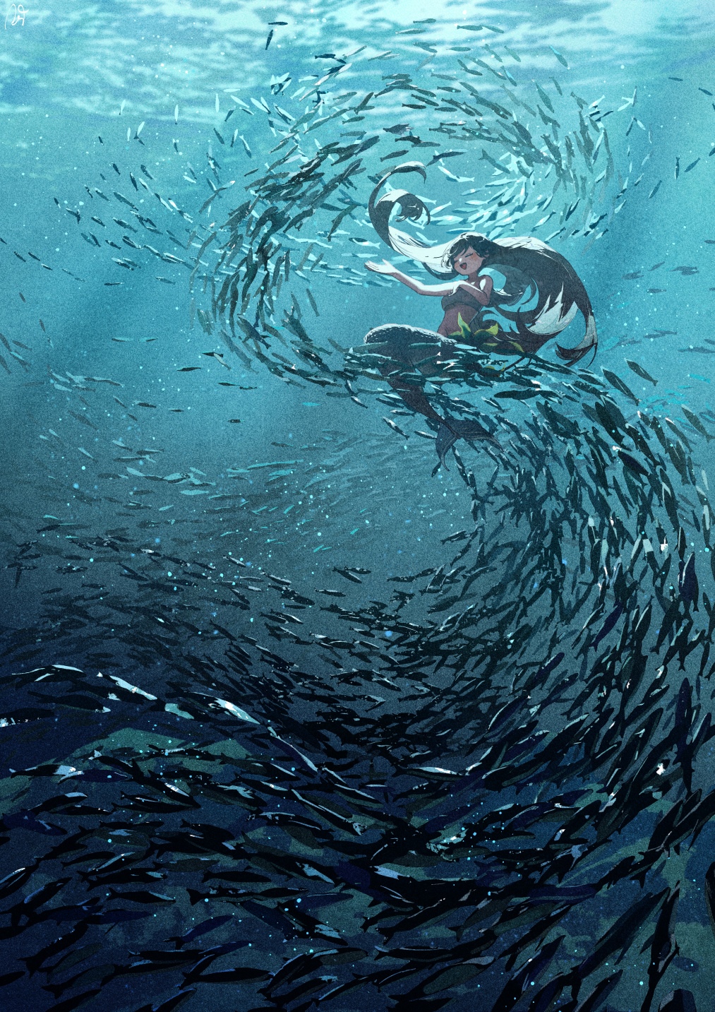 Mermaid surrounded by a swirling school of fish underwater HD Phone Wallpaper