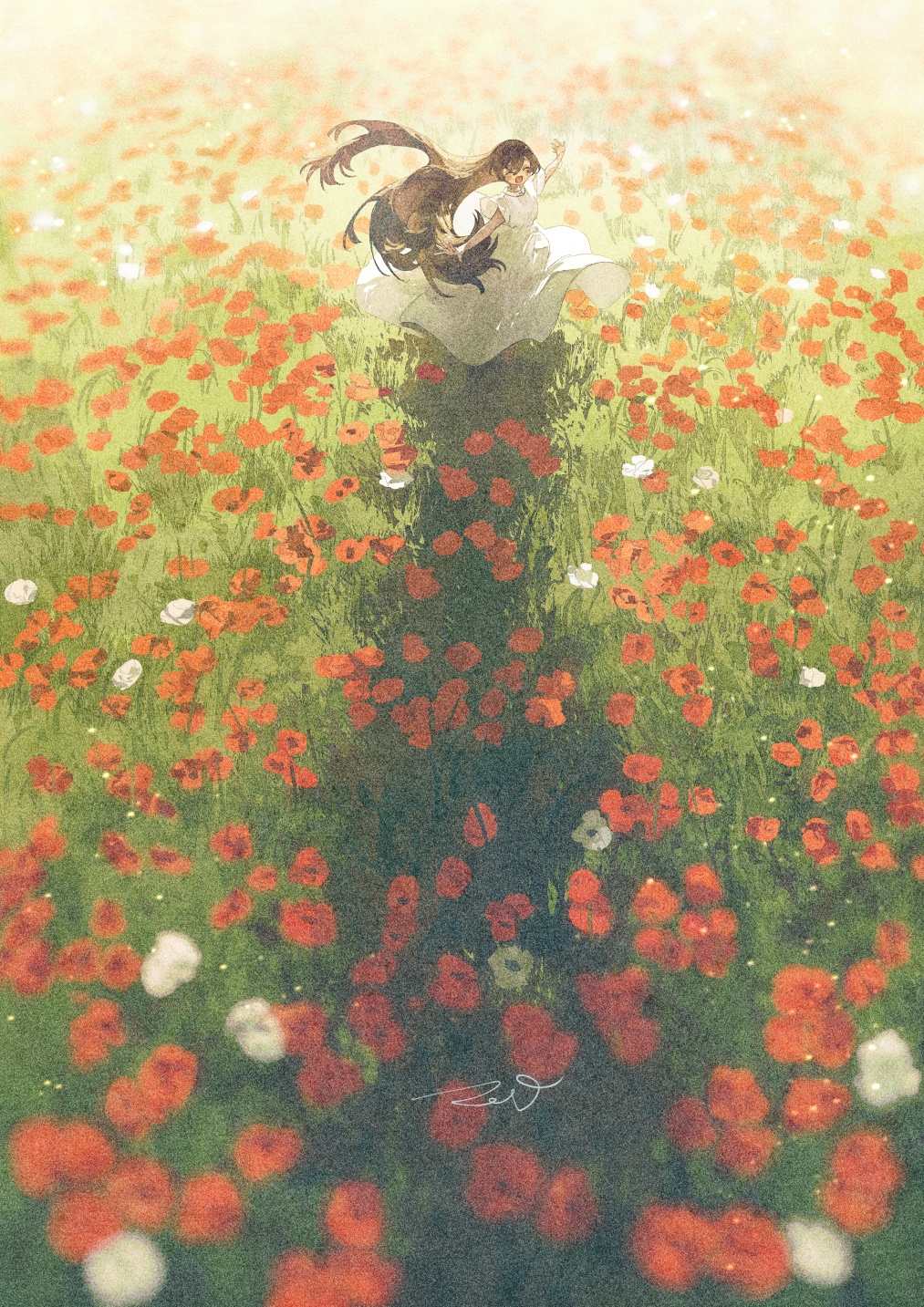 Woman in white dress in a field of poppies HD Phone Wallpaper