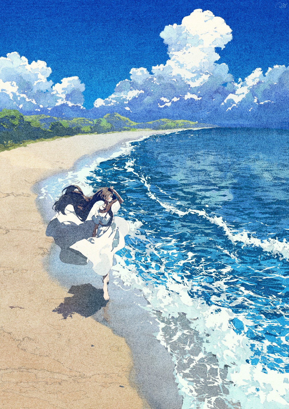 Girl in white dress on a beach with waves HD Phone Wallpaper