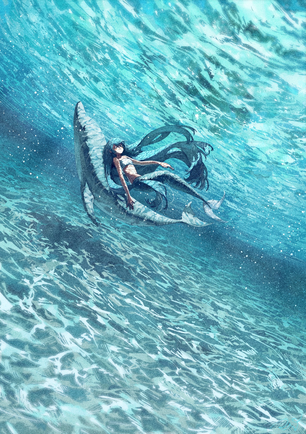 Mermaid riding a dolphin underwater HD Phone Wallpaper