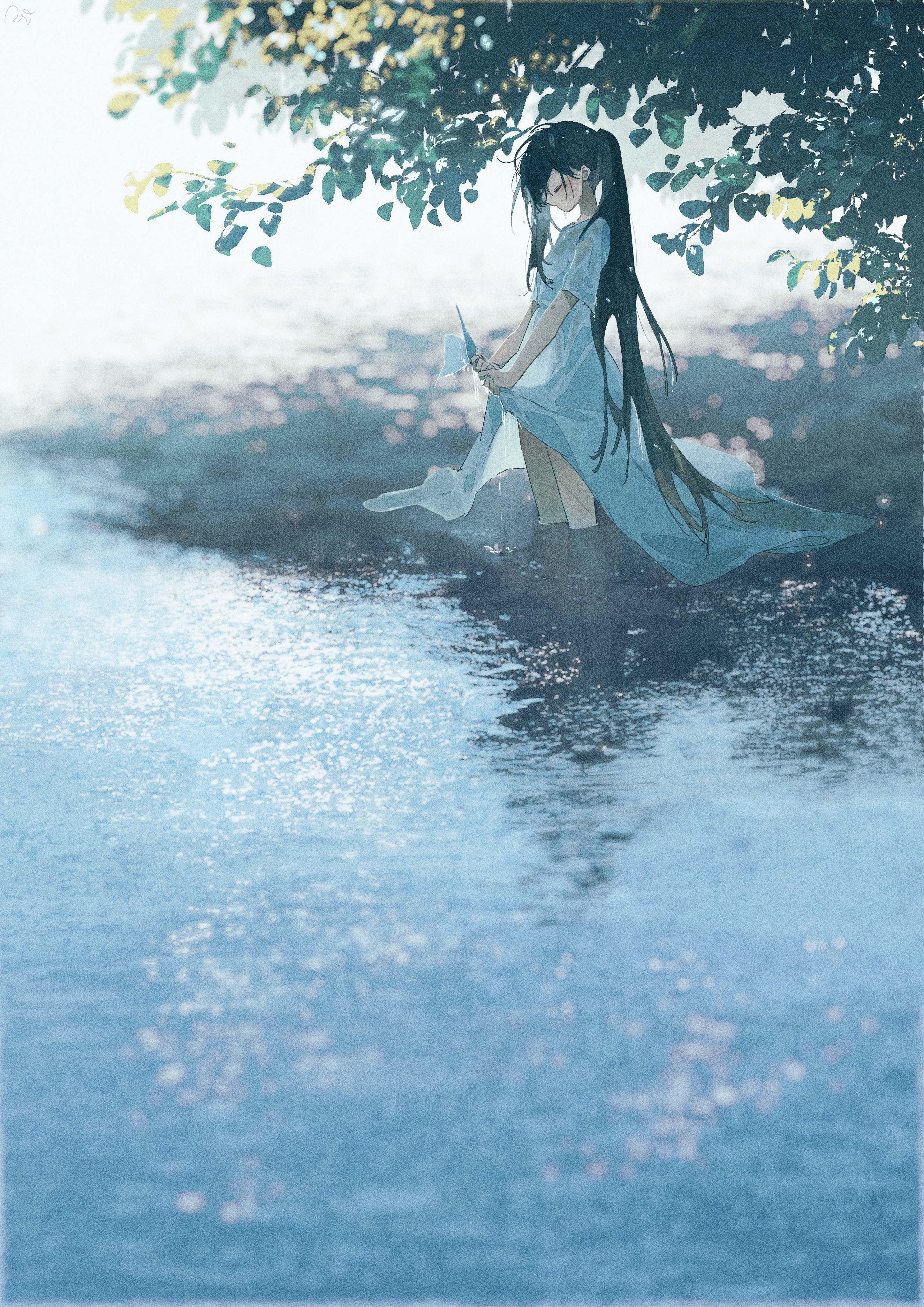 Girl in white dress standing in water under trees HD Phone Wallpaper