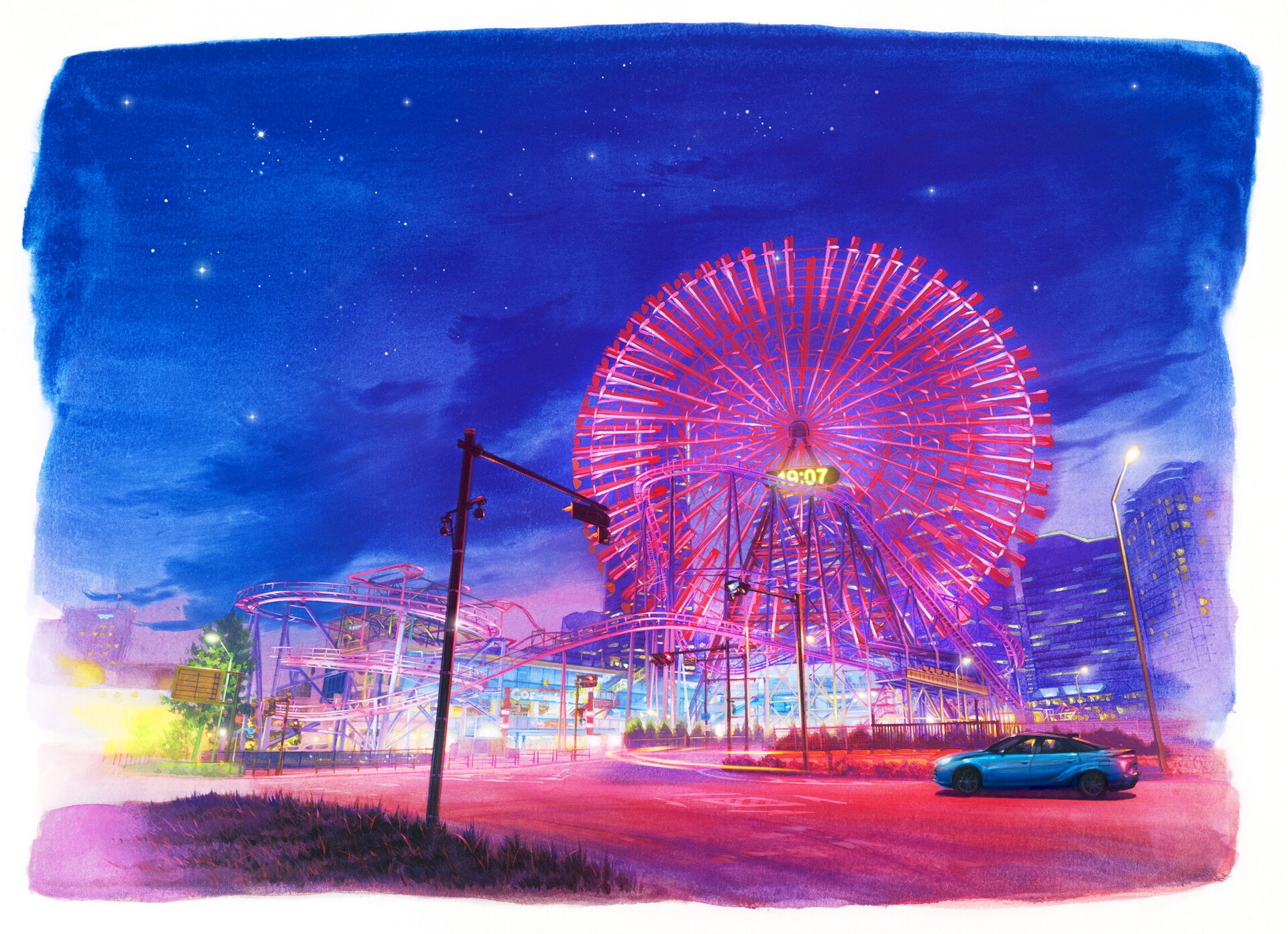 Ferris wheel and roller coaster at night HD Wallpaper