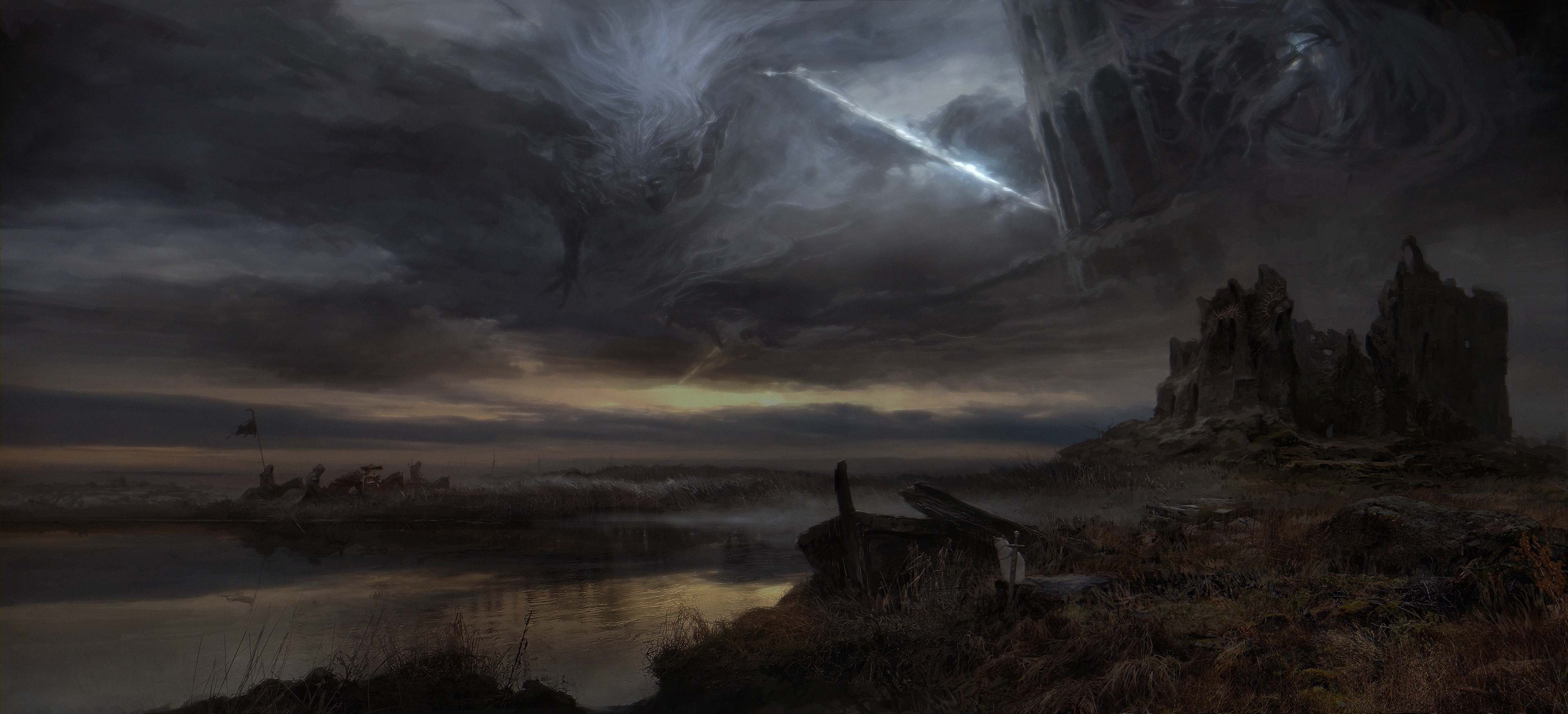 Dark fantasy landscape with ruins and stormy sky HD Wallpaper