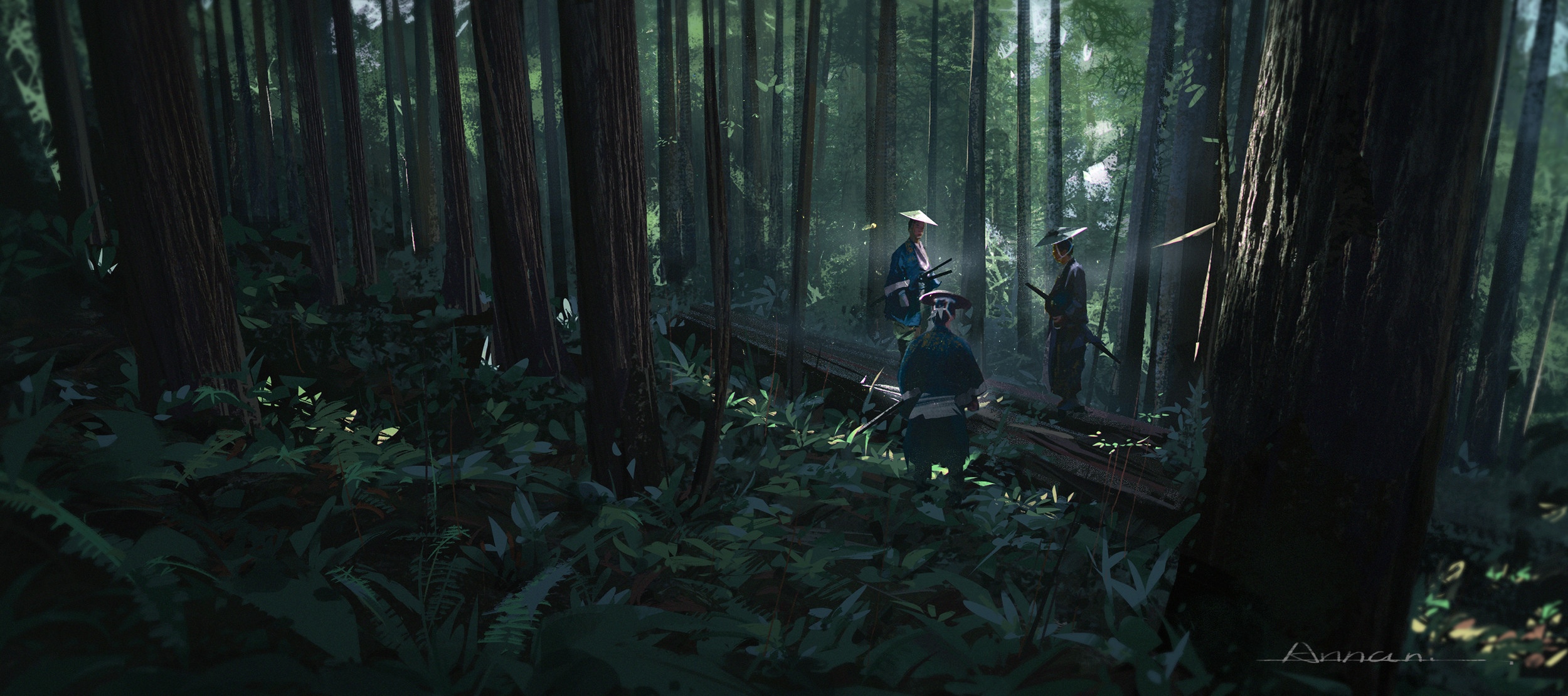 Samurai in a dense forest with sunlight filtering through trees HD Wallpaper
