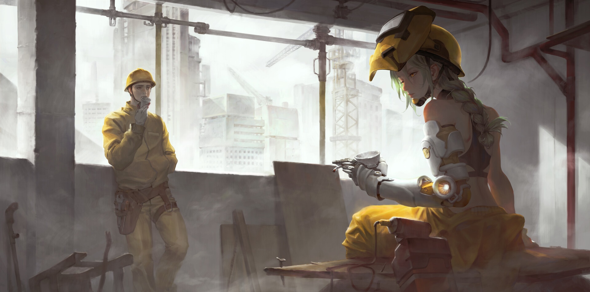 Jeongmin Lee workers on a futuristic construction site HD Wallpaper
