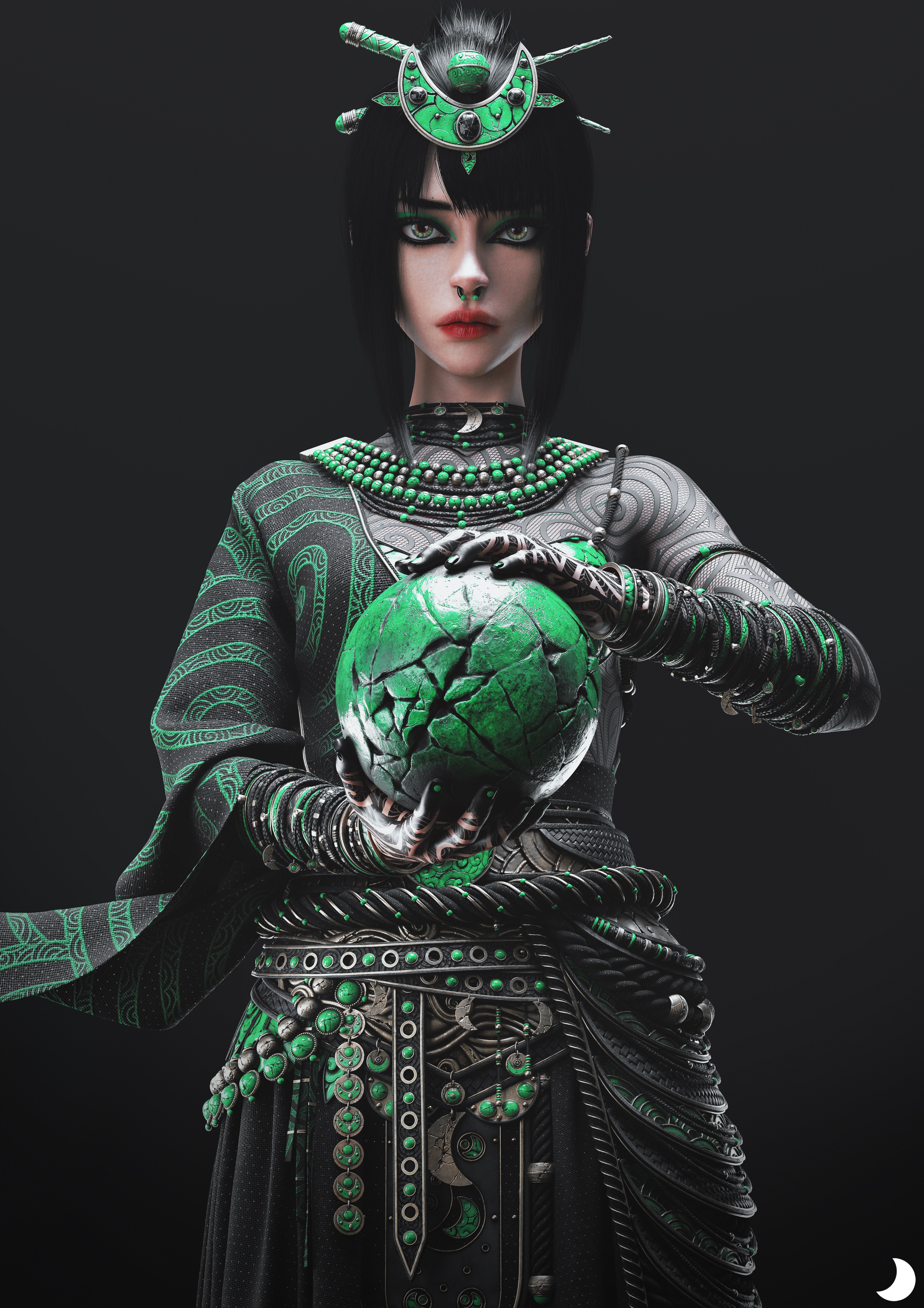 Fantasy art of a woman with green eyes and nose ring HD Phone Wallpaper