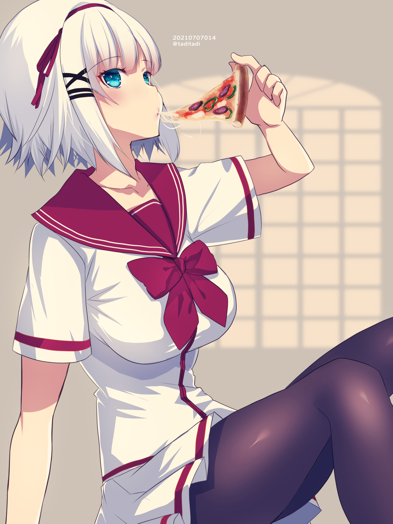 Siesta eating pizza in school uniform HD Phone Wallpaper