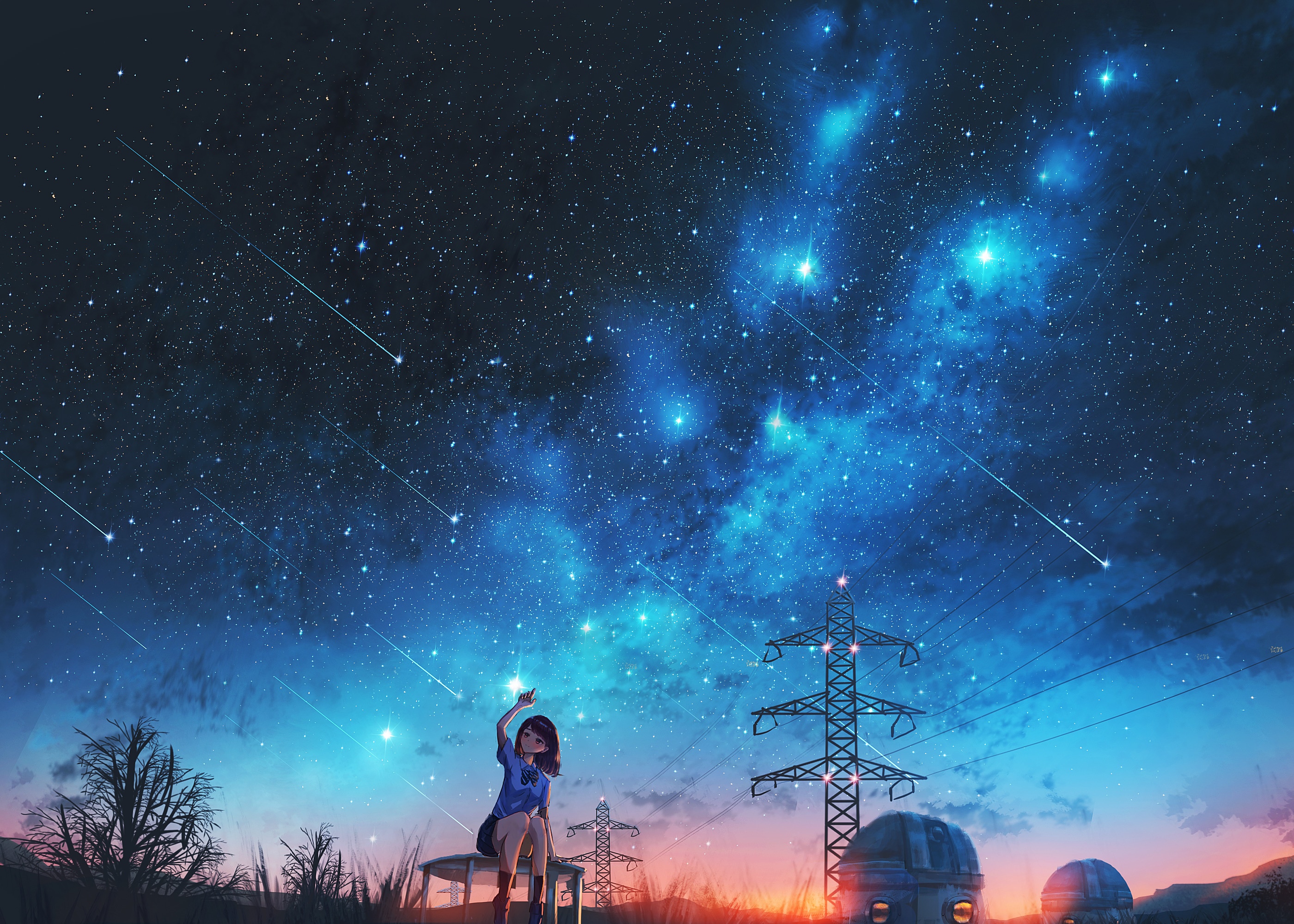 Girl watching meteor shower under starry night sky HD Wallpaper