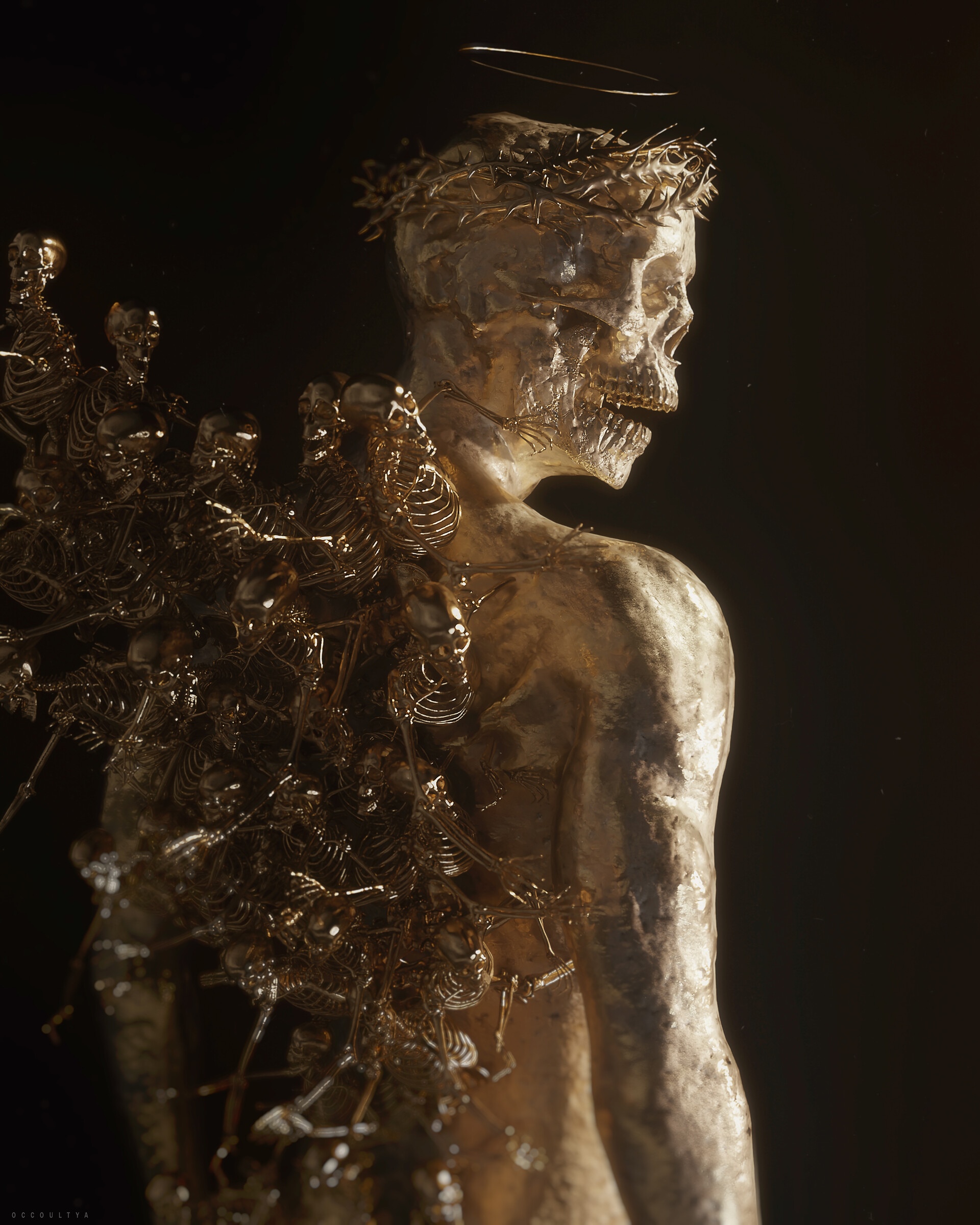 Golden Skeleton with Crown of Thorns and Halo HD Phone Wallpaper
