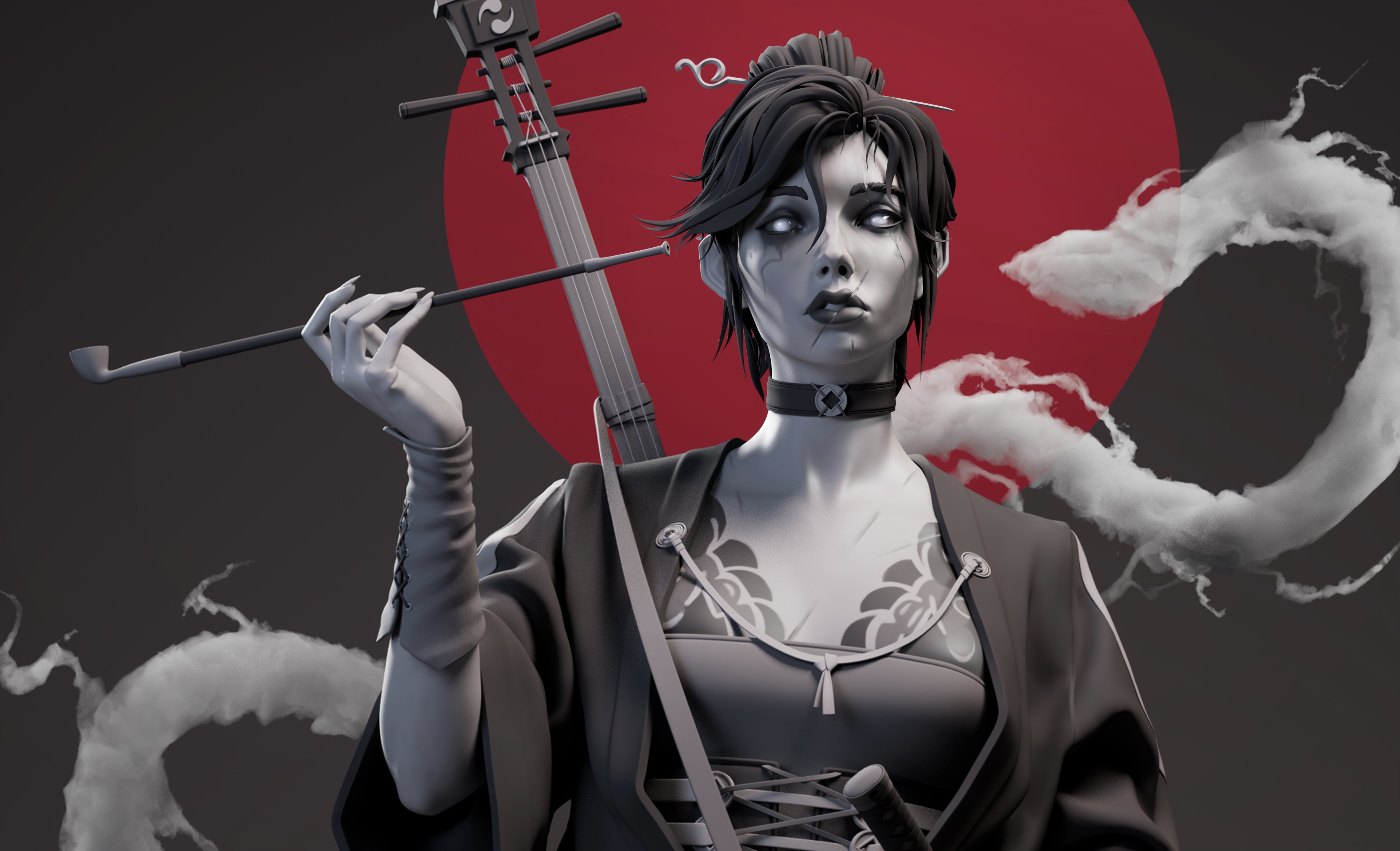 Fantasy art of a woman with a pipe and shamisen HD Wallpaper
