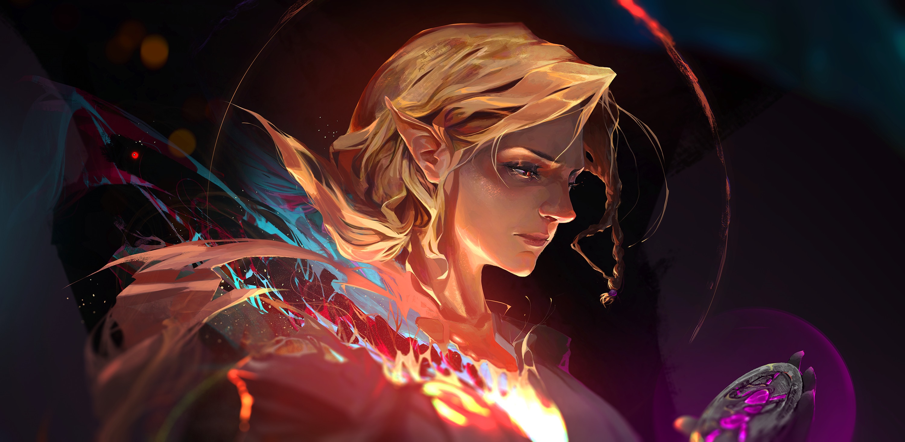 Fantasy character with blonde hair and pointy ears HD Wallpaper