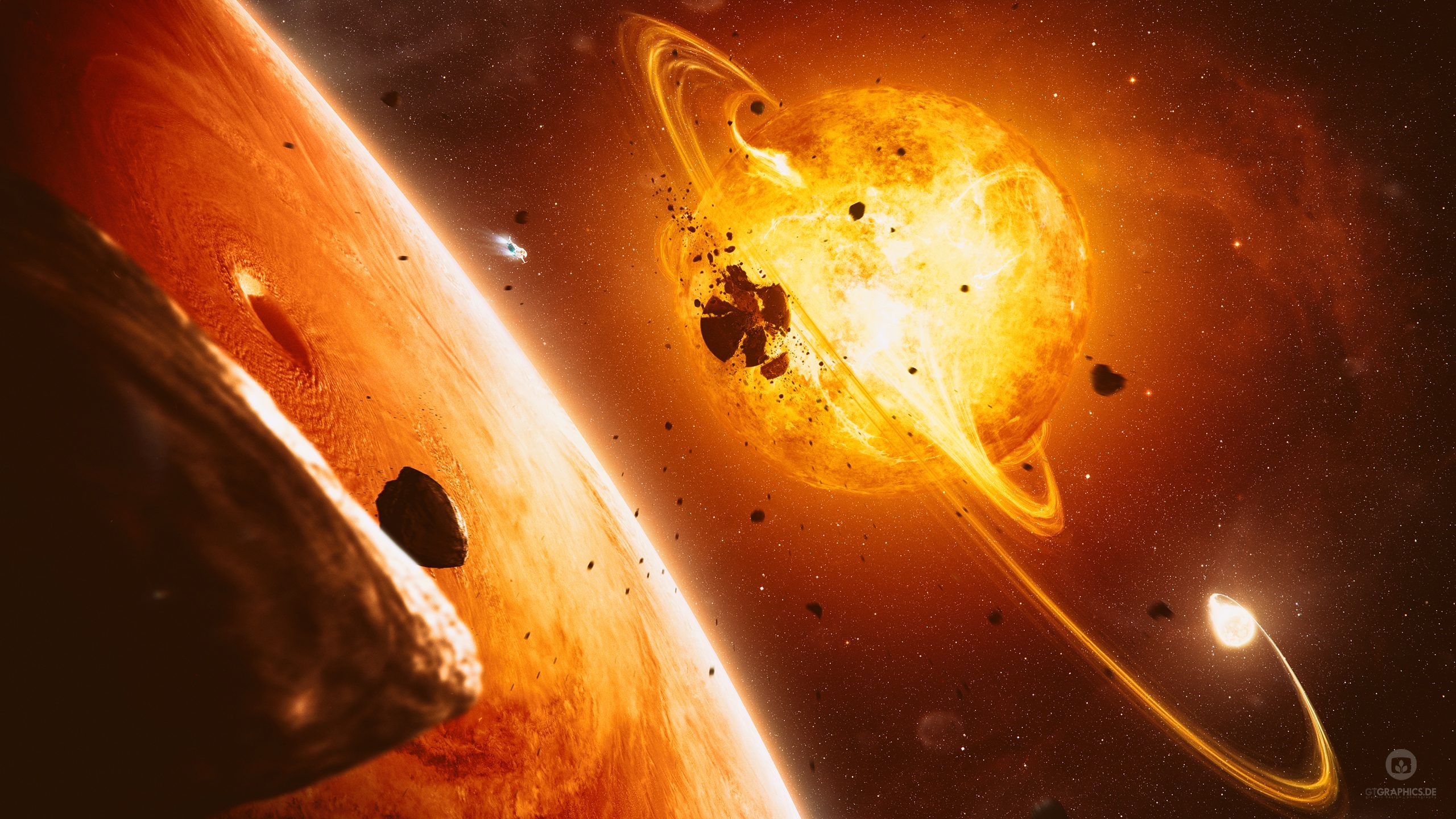 Taenaron: Sun, planet, and debris in space HD Wallpaper