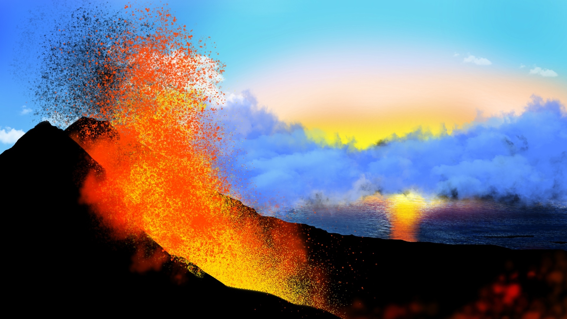 Volcano erupting lava into the ocean at sunset HD Wallpaper