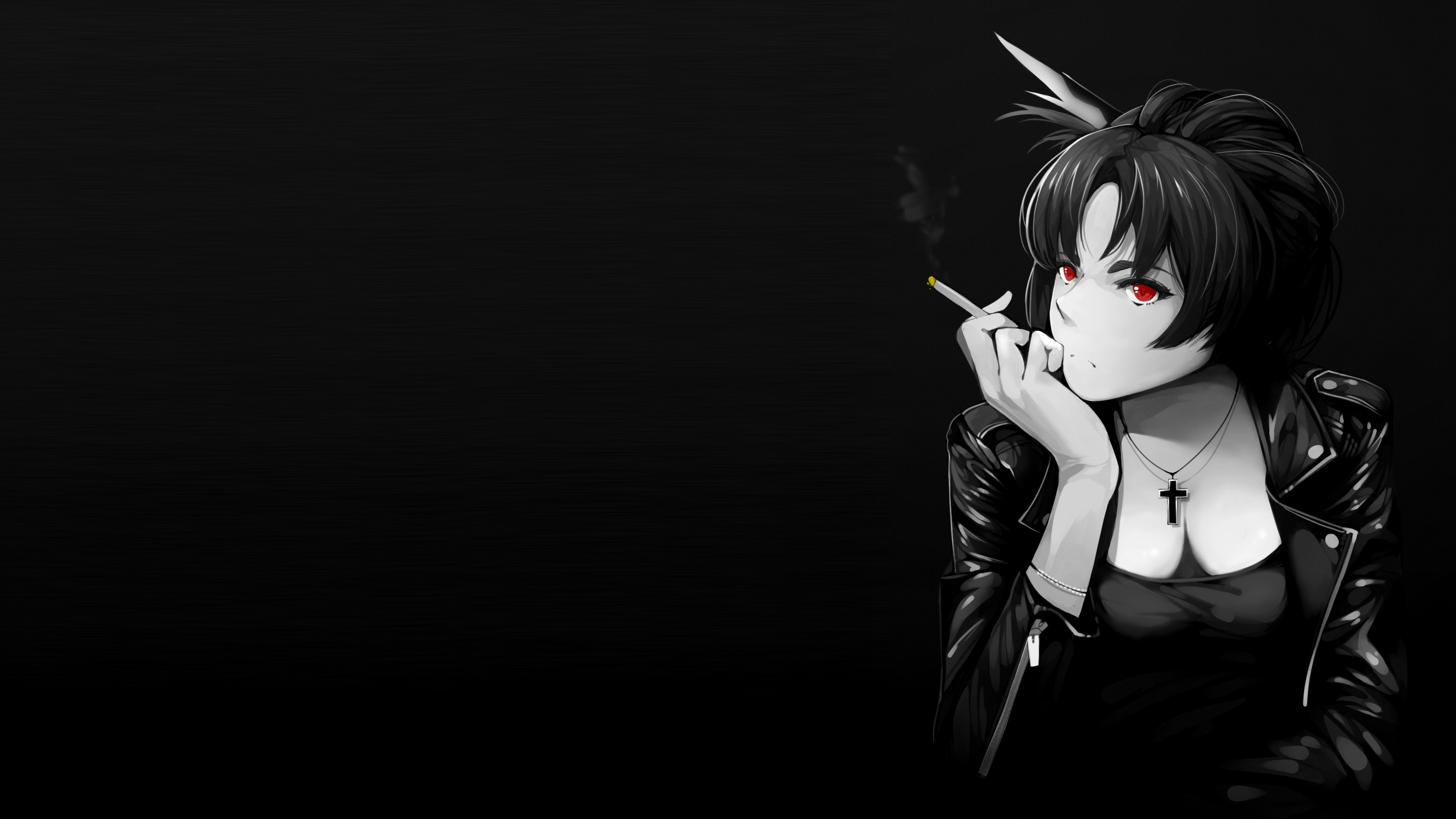 Anime girl with red eyes smoking a cigarette HD Wallpaper