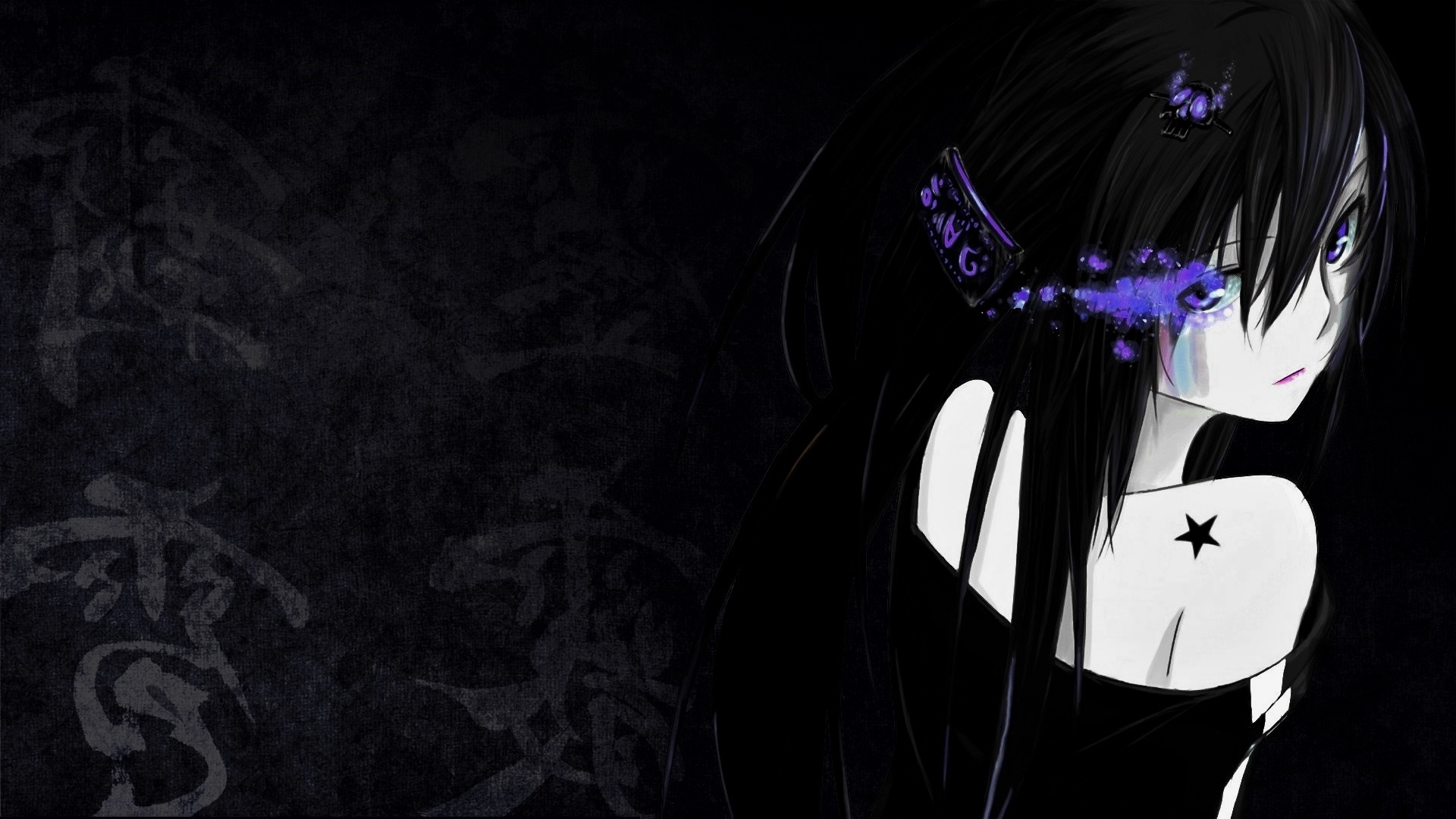 Anime girl with black hair and purple accents HD Wallpaper