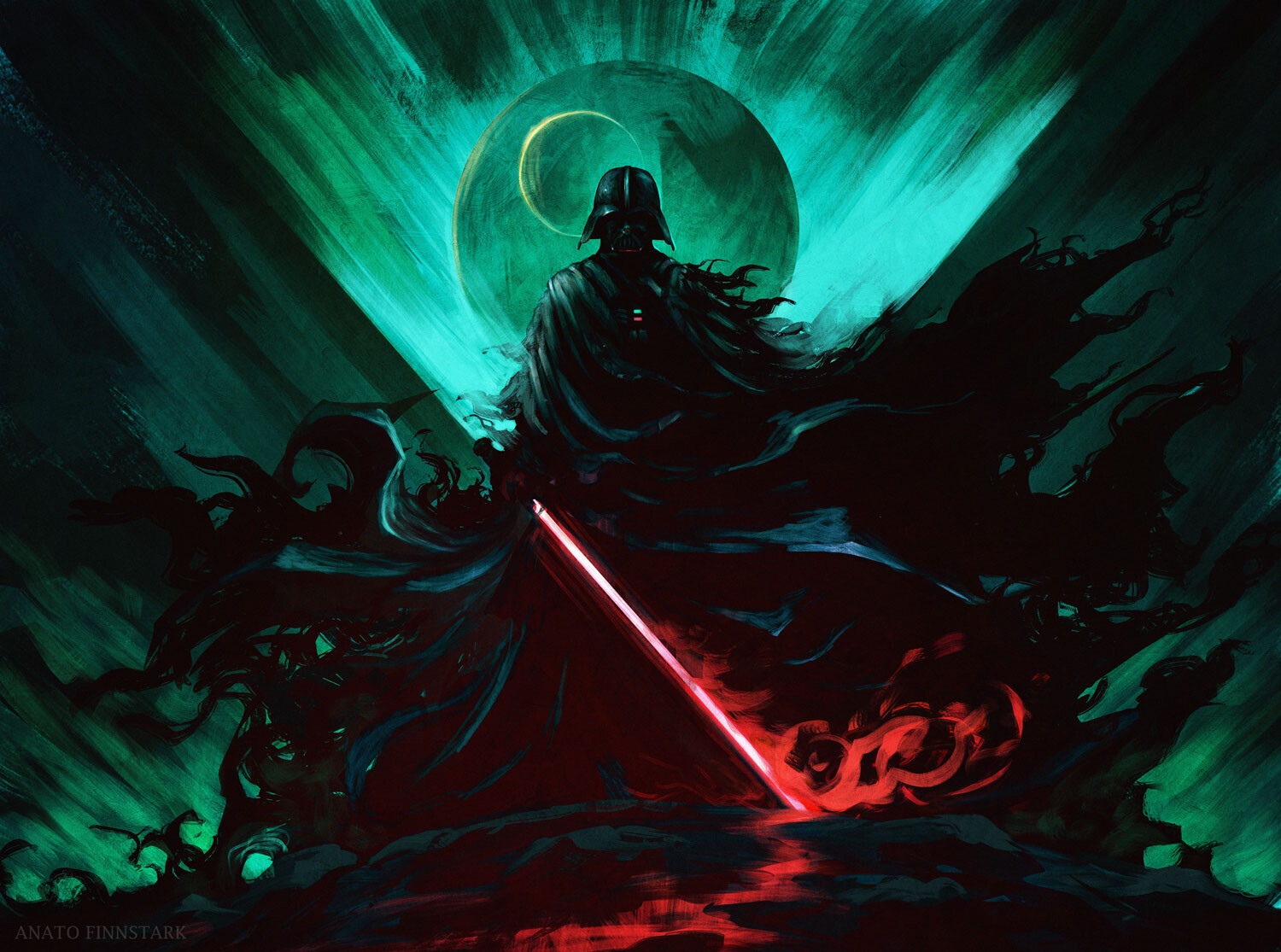 Darth Vader with Red Lightsaber and Green Moon HD Wallpaper