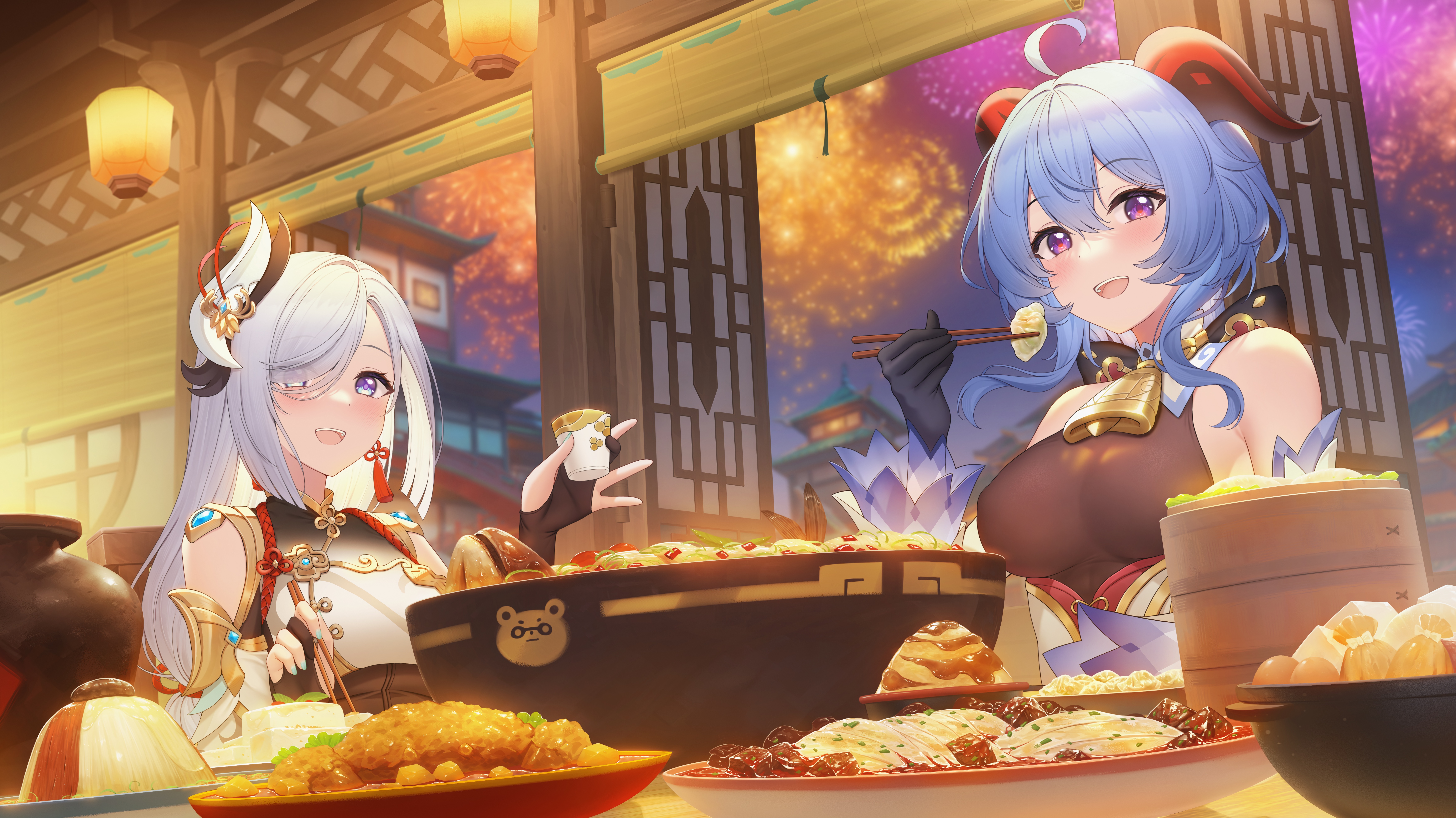 4K Genshin Impact: Shenhe and Ganyu eating food HD Wallpaper