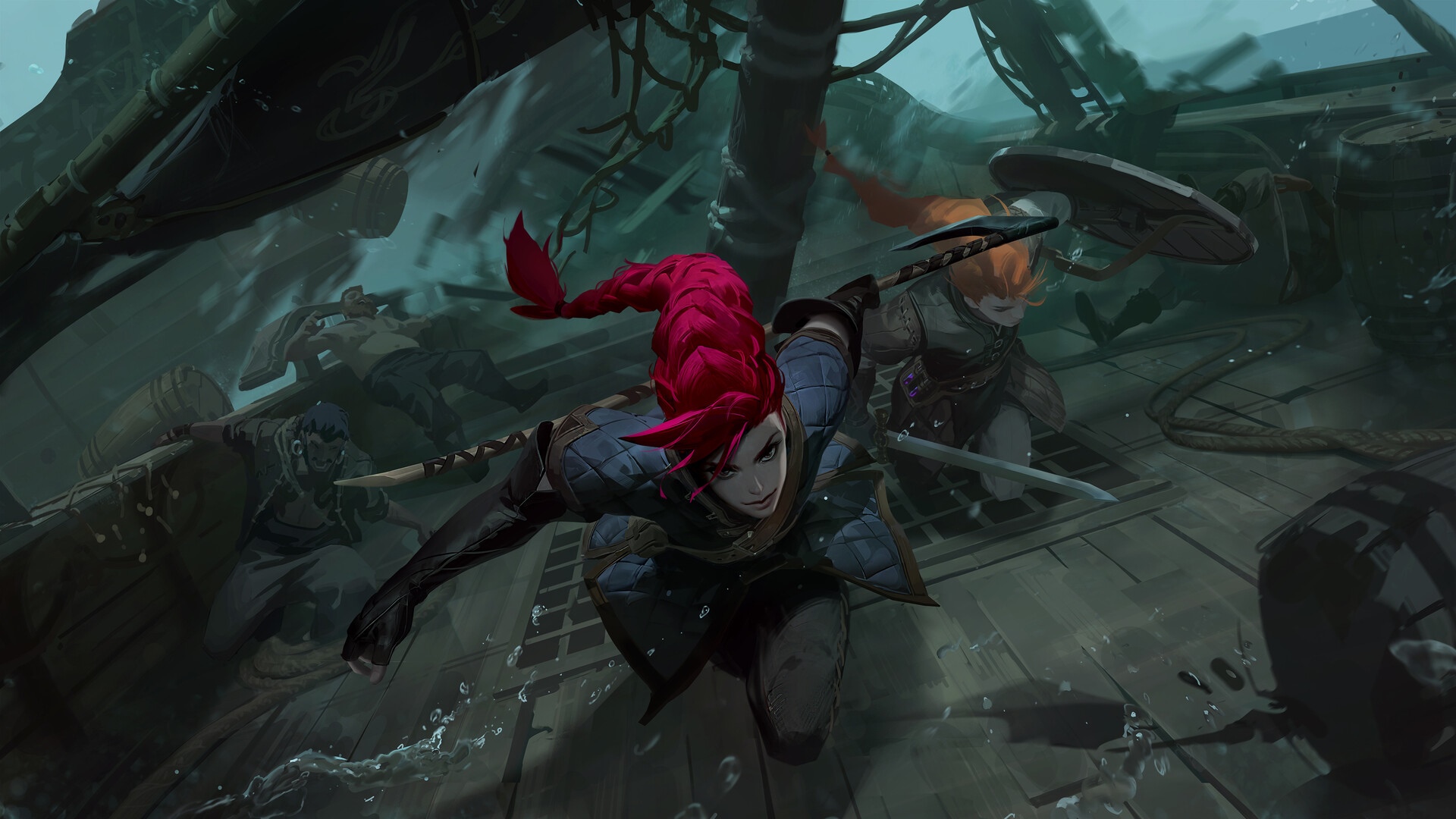 Women fighting on a ship deck HD Wallpaper