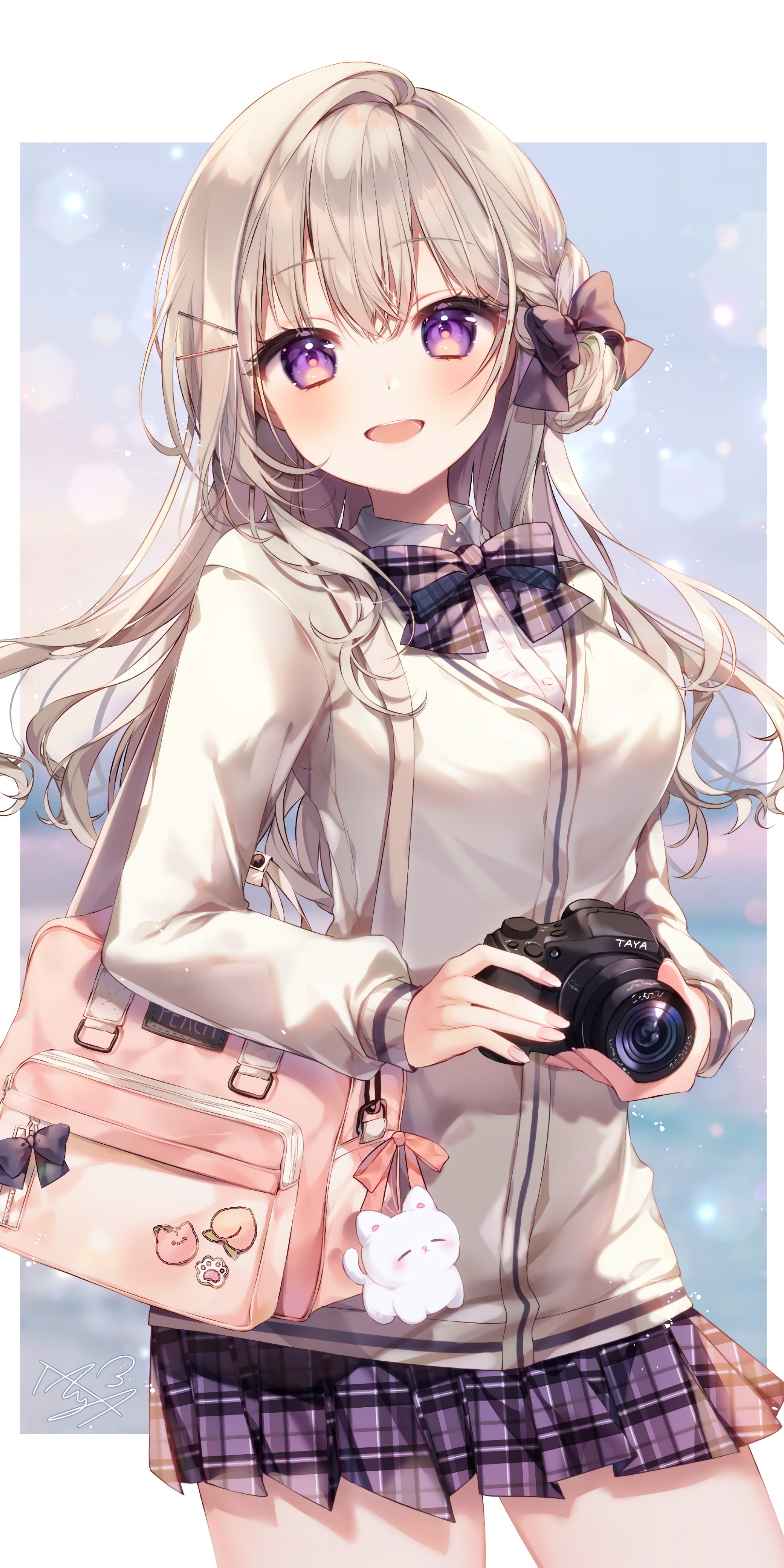 Anime girl with purple eyes holding a camera HD Phone Wallpaper