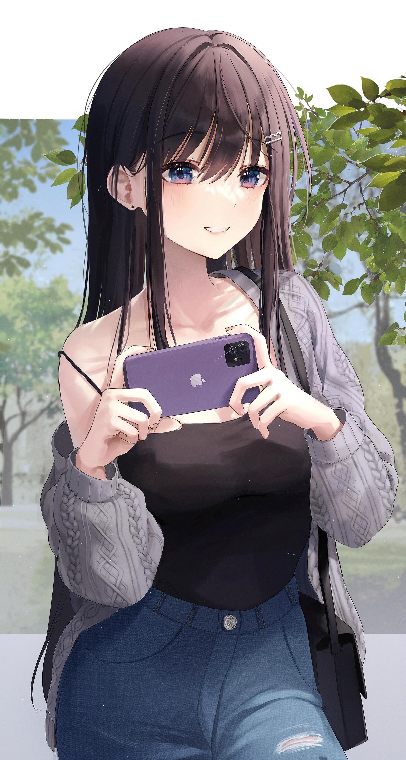 Anime girl holding a purple smartphone HD Phone Wallpaper