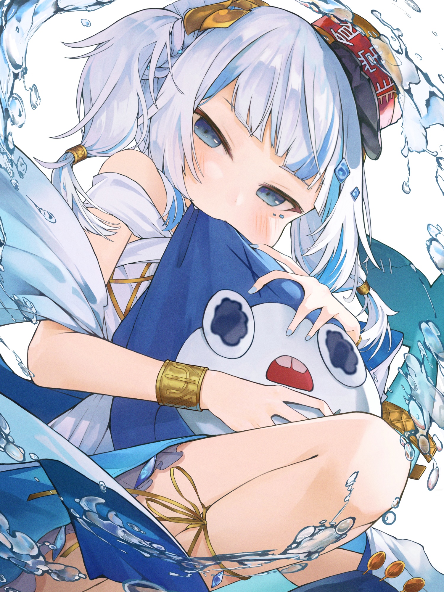 Gawr Gura hugging a plush toy with water splashes HD Phone Wallpaper