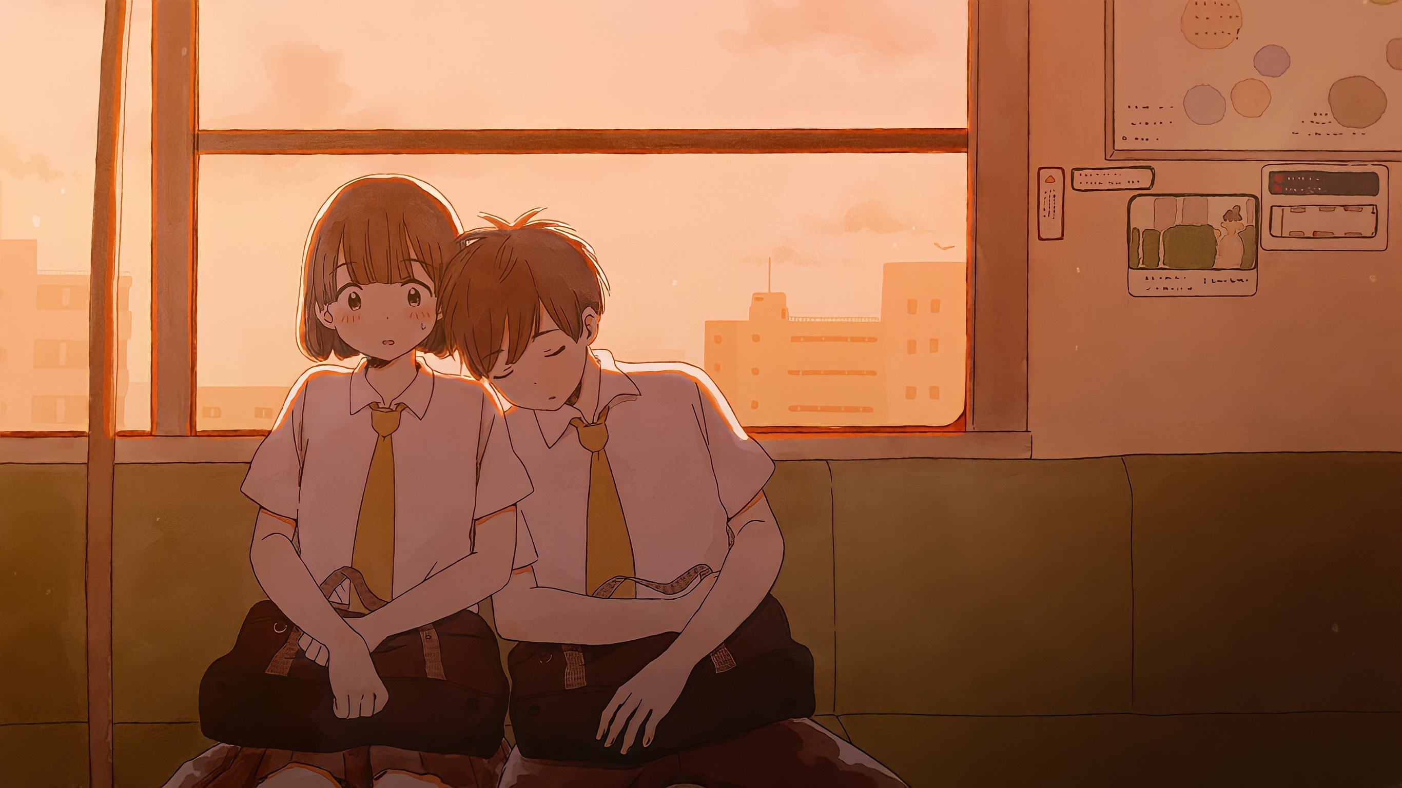 Anime couple sleeping on a train HD Wallpaper