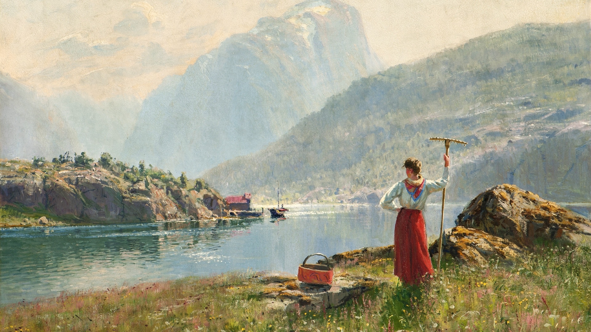 Hans Dahl painting of a woman in a fjord landscape HD Wallpaper