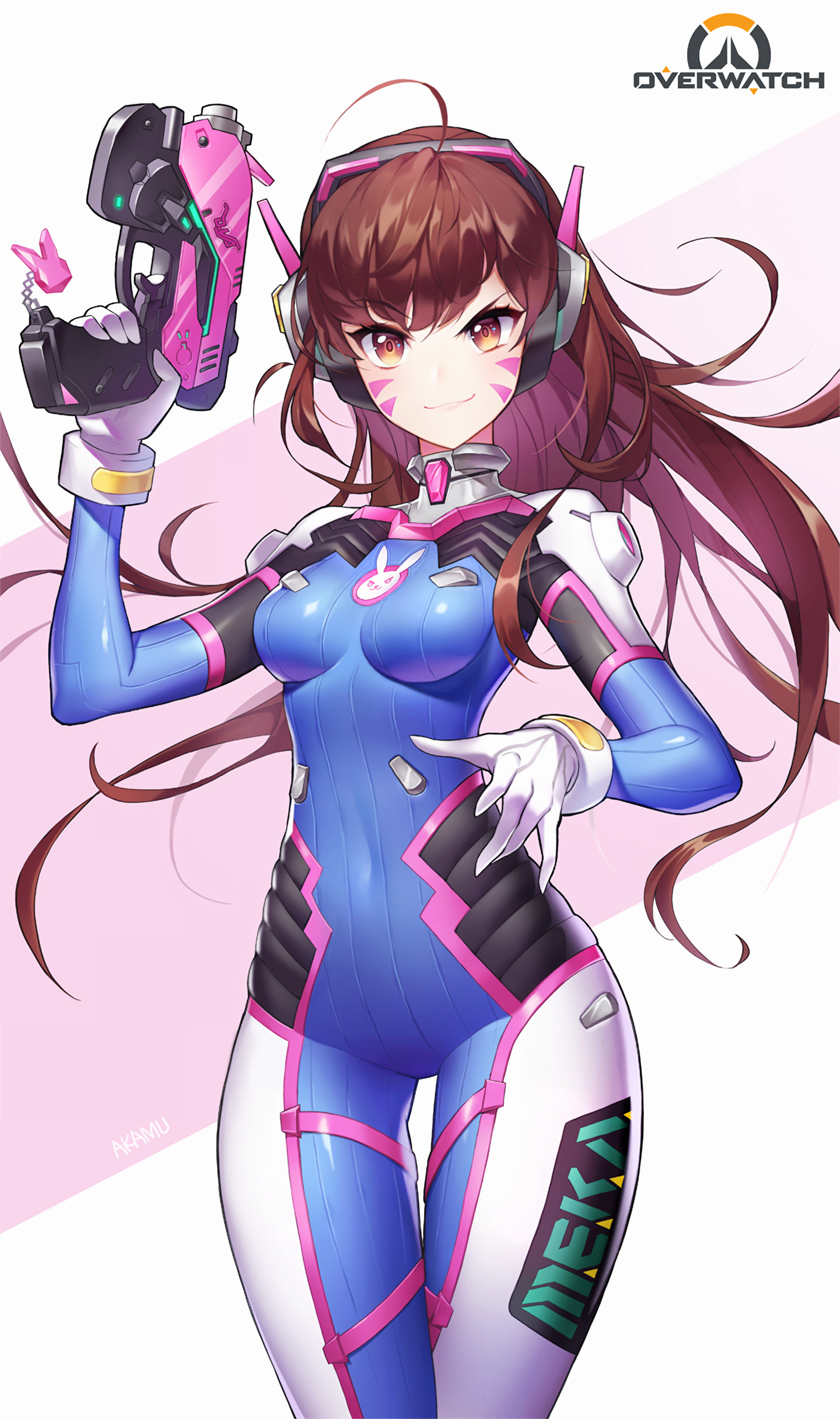 D.Va from Overwatch holding a pink and black gun HD Phone Wallpaper